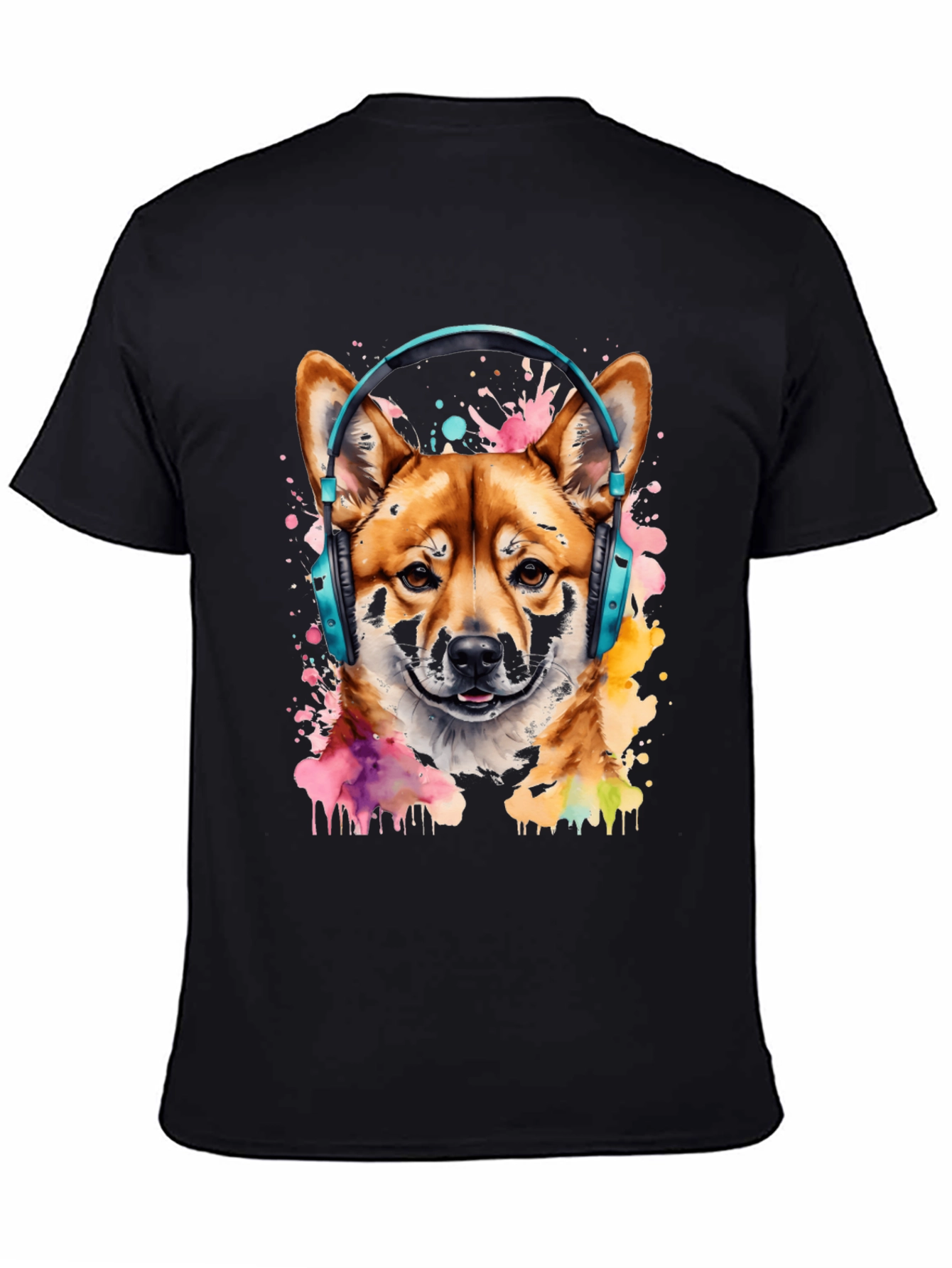 Shiba Inu Headphones Black Graphic Tee
