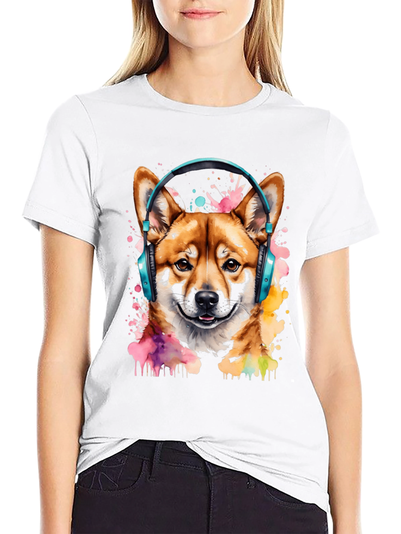 Shiba Inu Headphones Black Graphic Tee