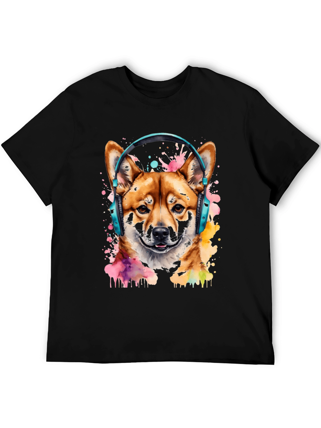 Shiba Inu Headphones Black Graphic Tee