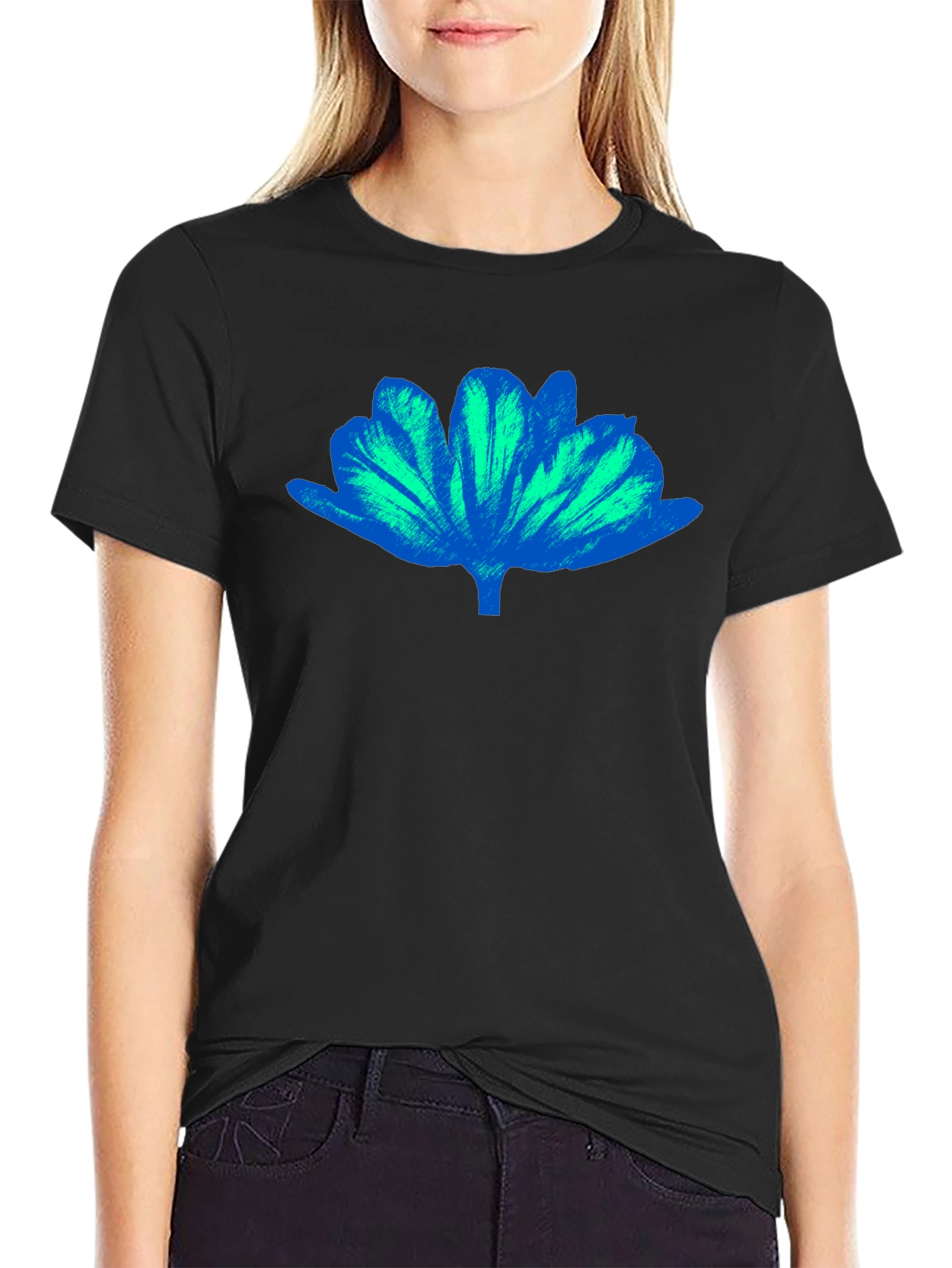 Blue Floral Print Mens Black T-Shirt