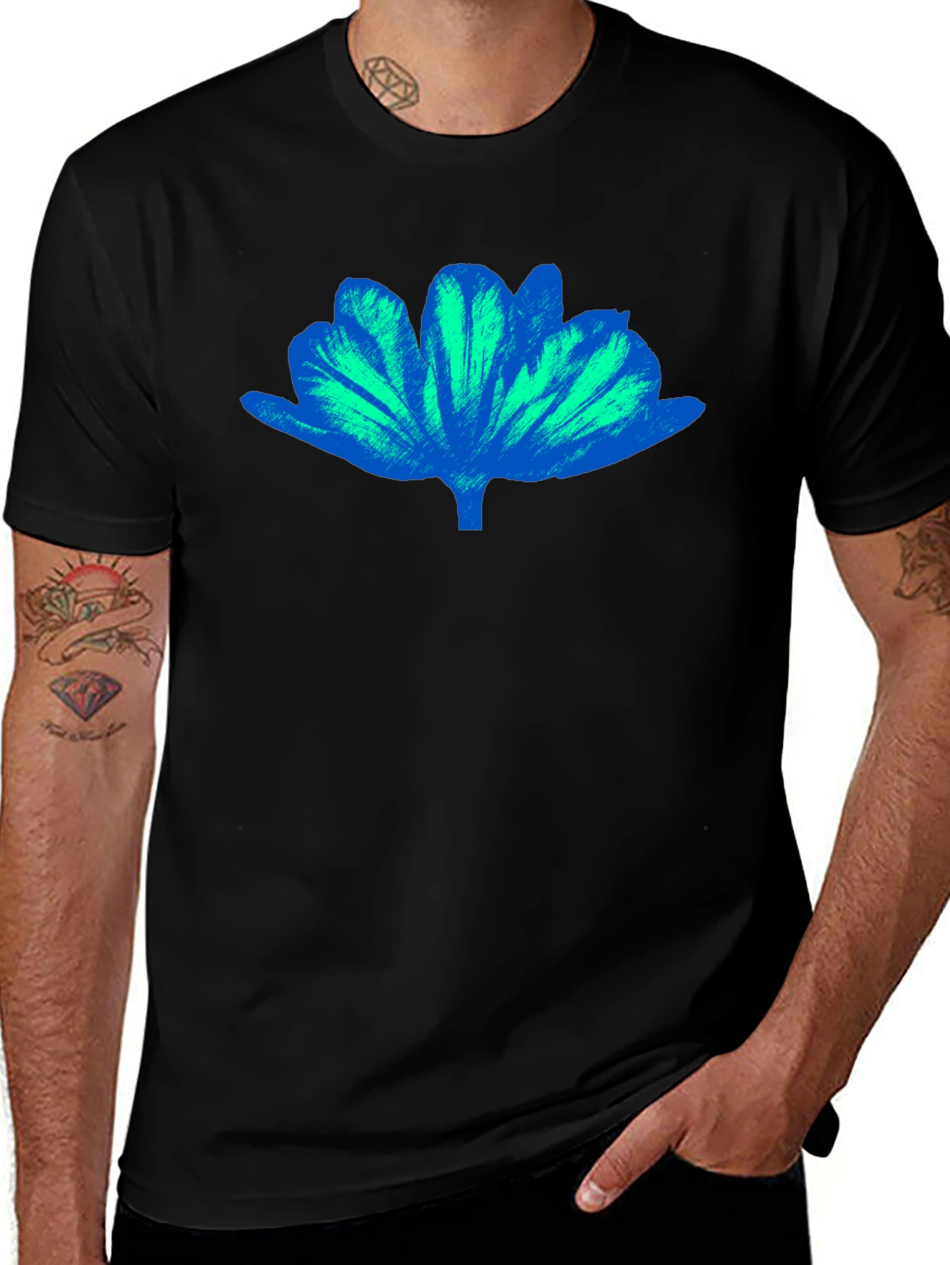 Blue Floral Print Mens Black T-Shirt