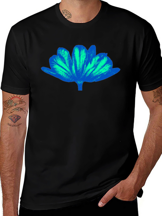 Blue Floral Print Mens Black T-Shirt