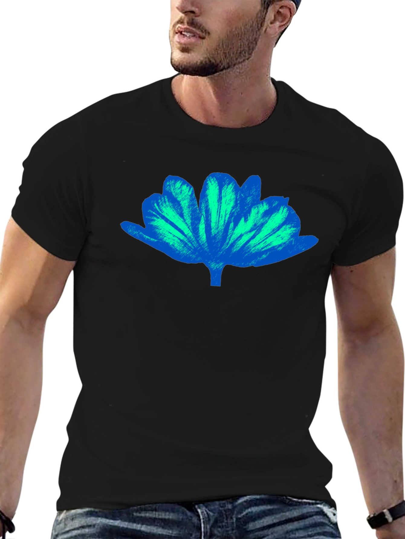 Blue Floral Print Mens Black T-Shirt