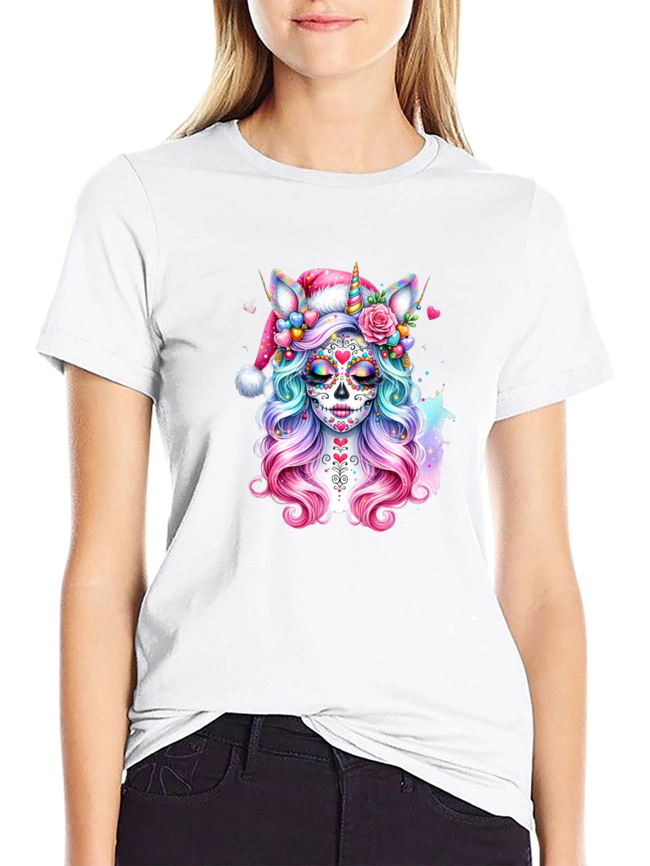 Sugar Skull Unicorn Santa Hat T-Shirt