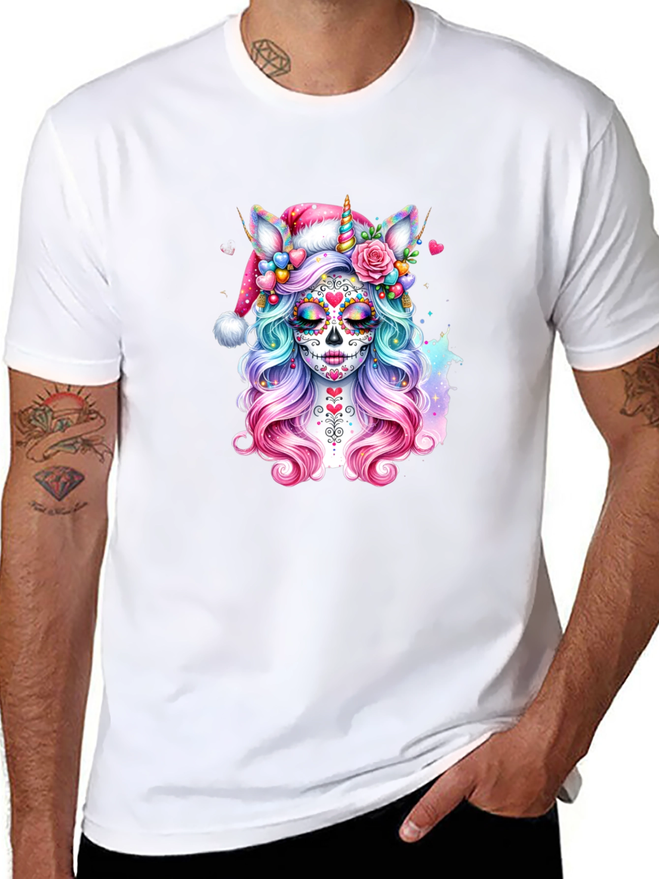 Sugar Skull Unicorn Santa Hat T-Shirt