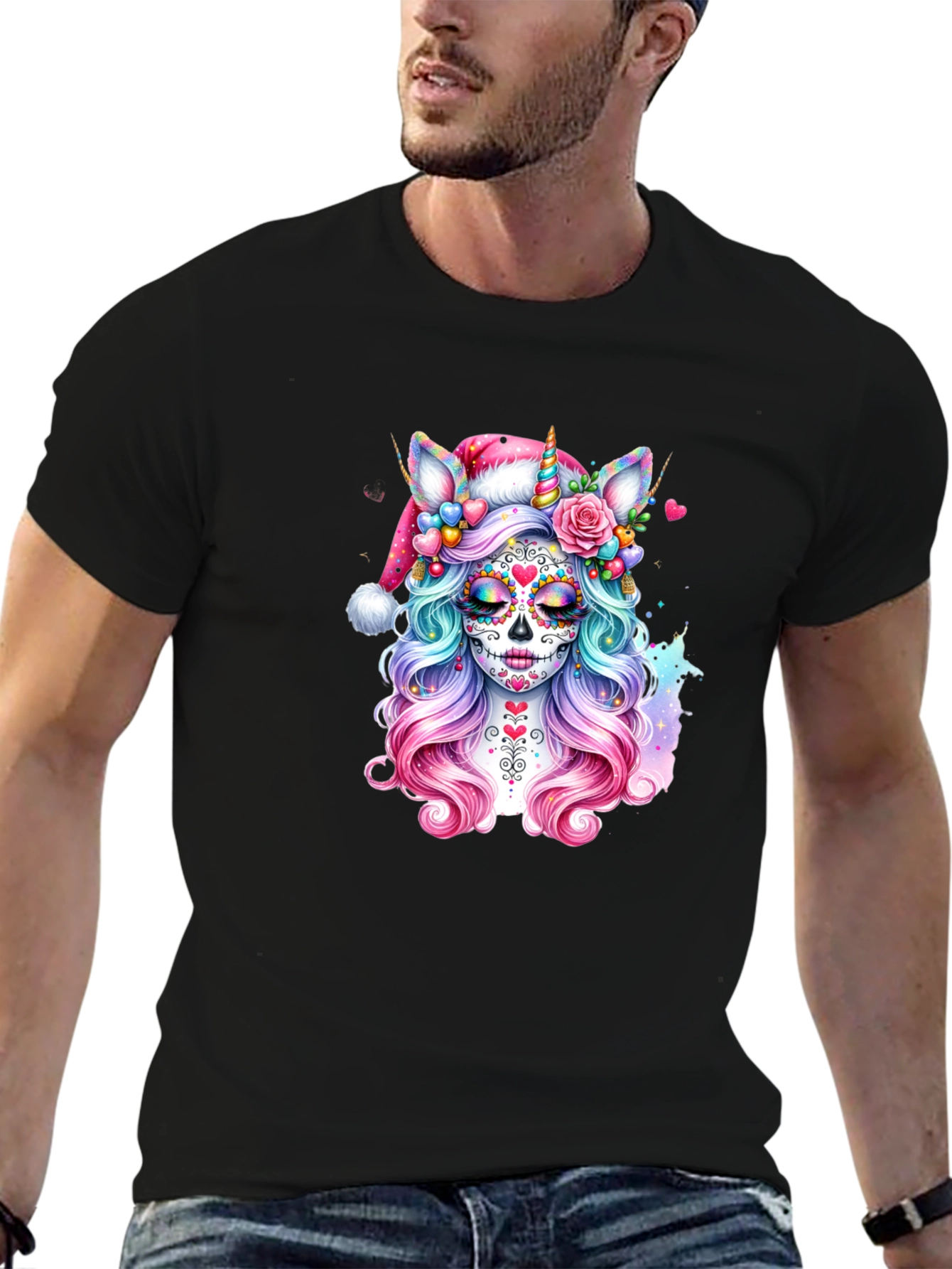 Sugar Skull Unicorn Santa Hat T-Shirt