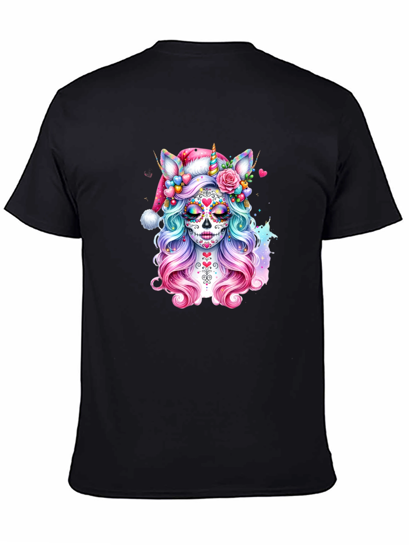 Sugar Skull Unicorn Santa Hat T-Shirt