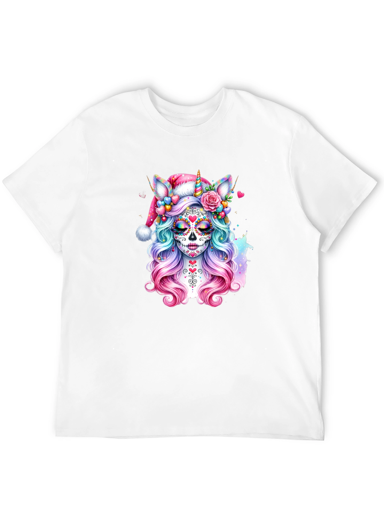 Sugar Skull Unicorn Santa Hat T-Shirt