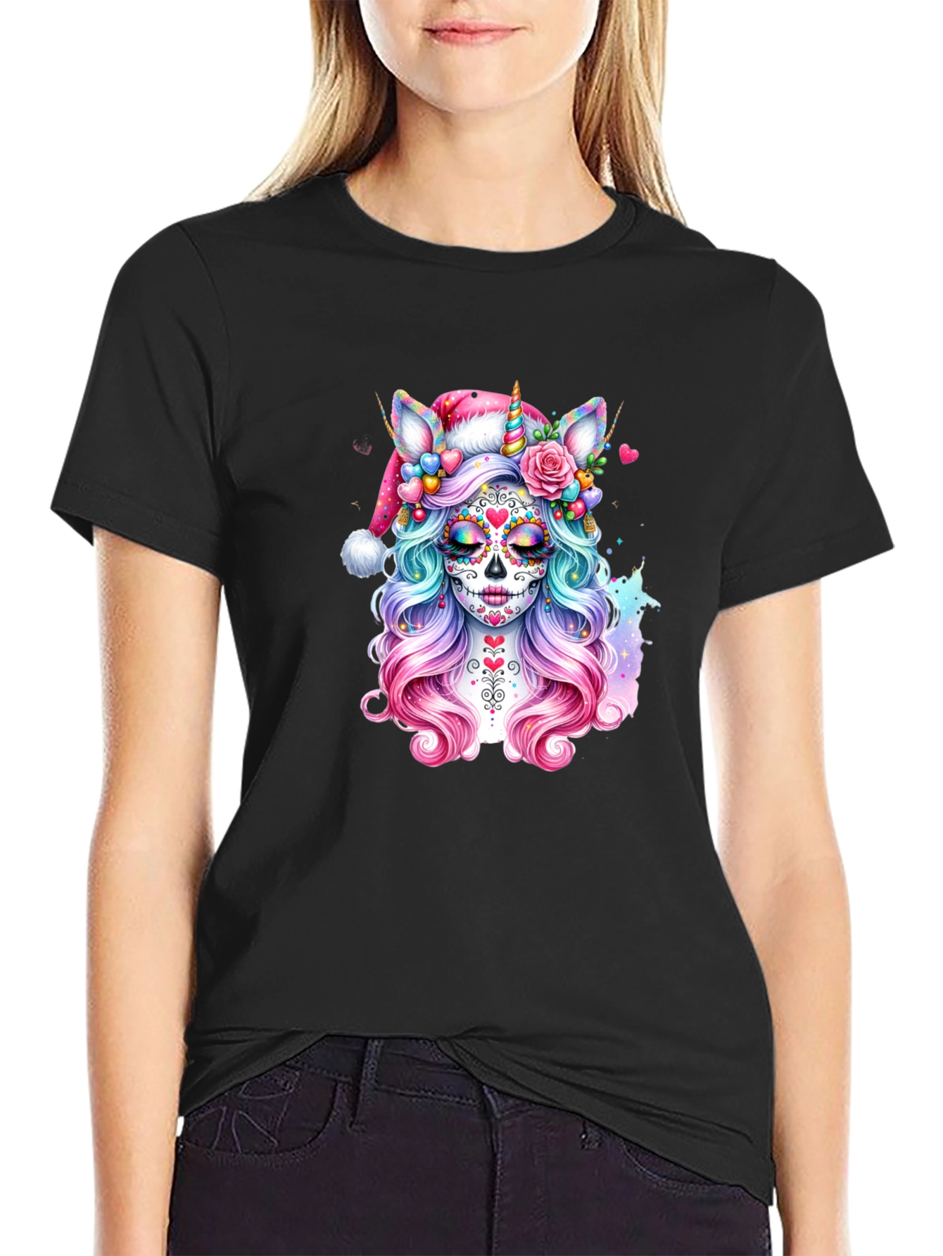 Sugar Skull Unicorn Santa Hat T-Shirt