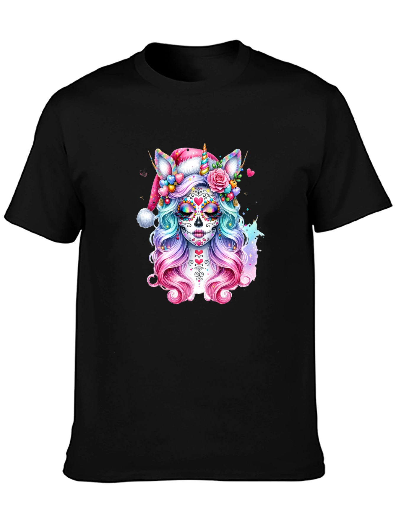 Sugar Skull Unicorn Santa Hat T-Shirt