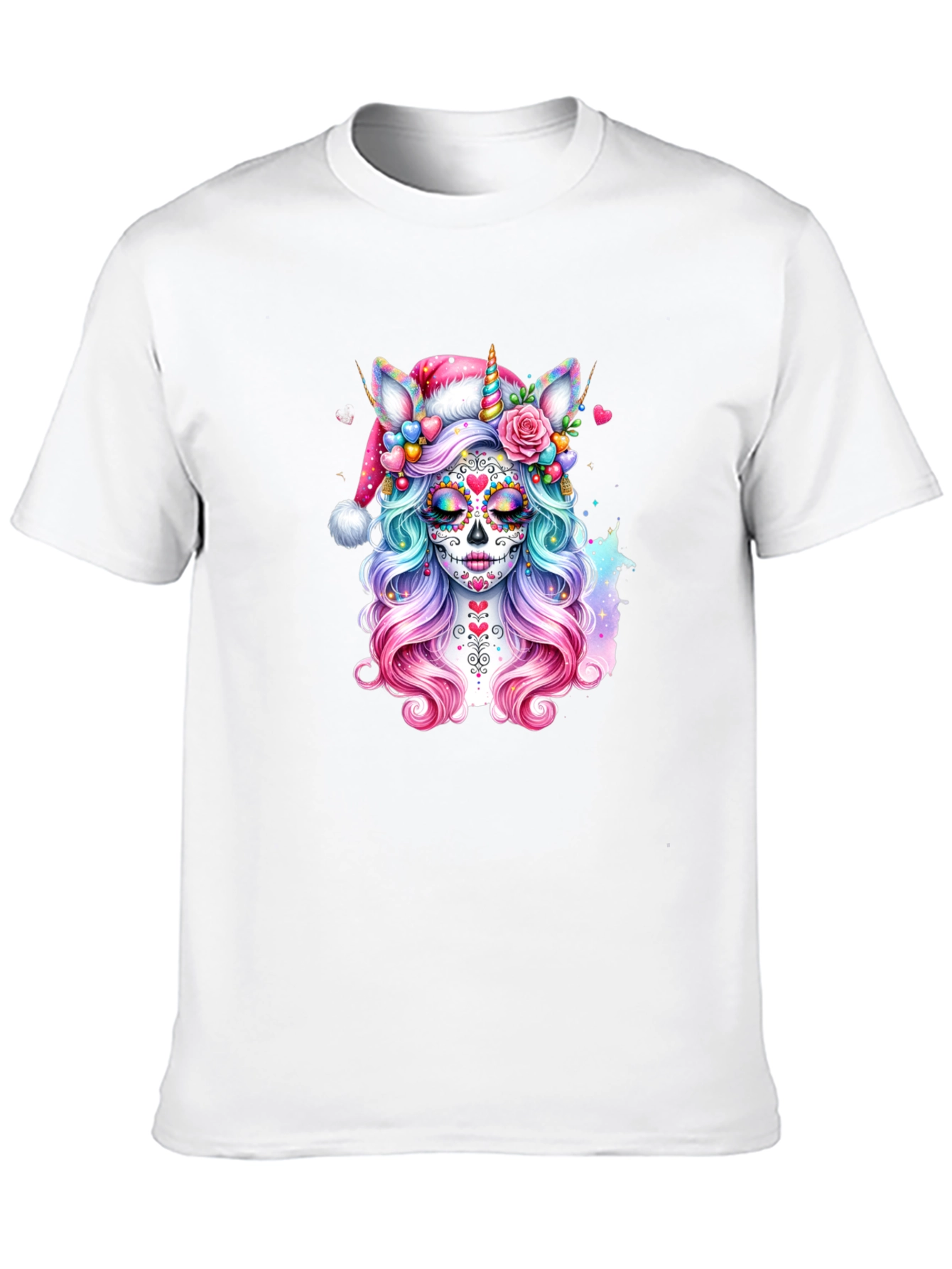 Sugar Skull Unicorn Santa Hat T-Shirt