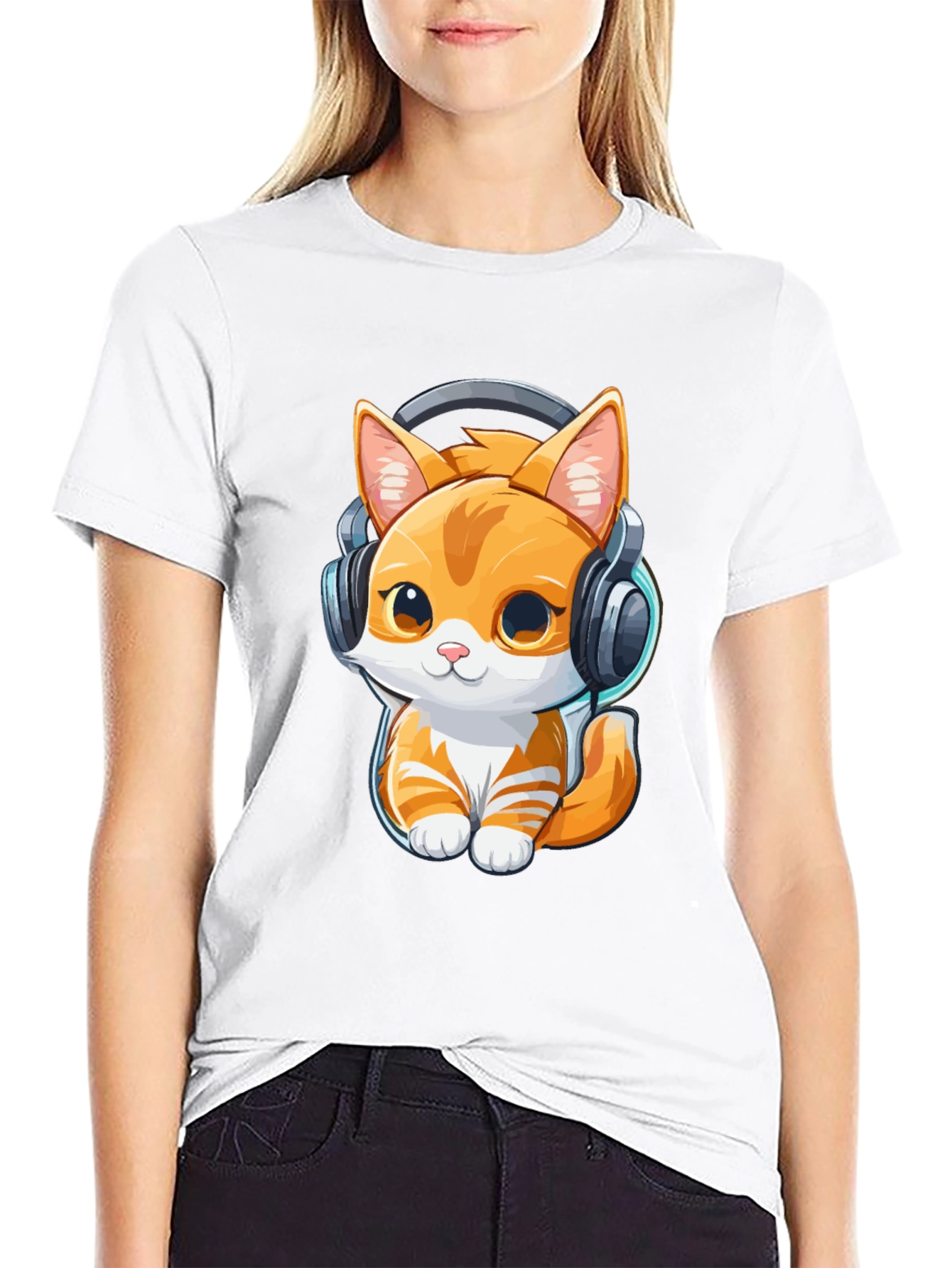 Cute Kitten with Headphones Graphic Tee