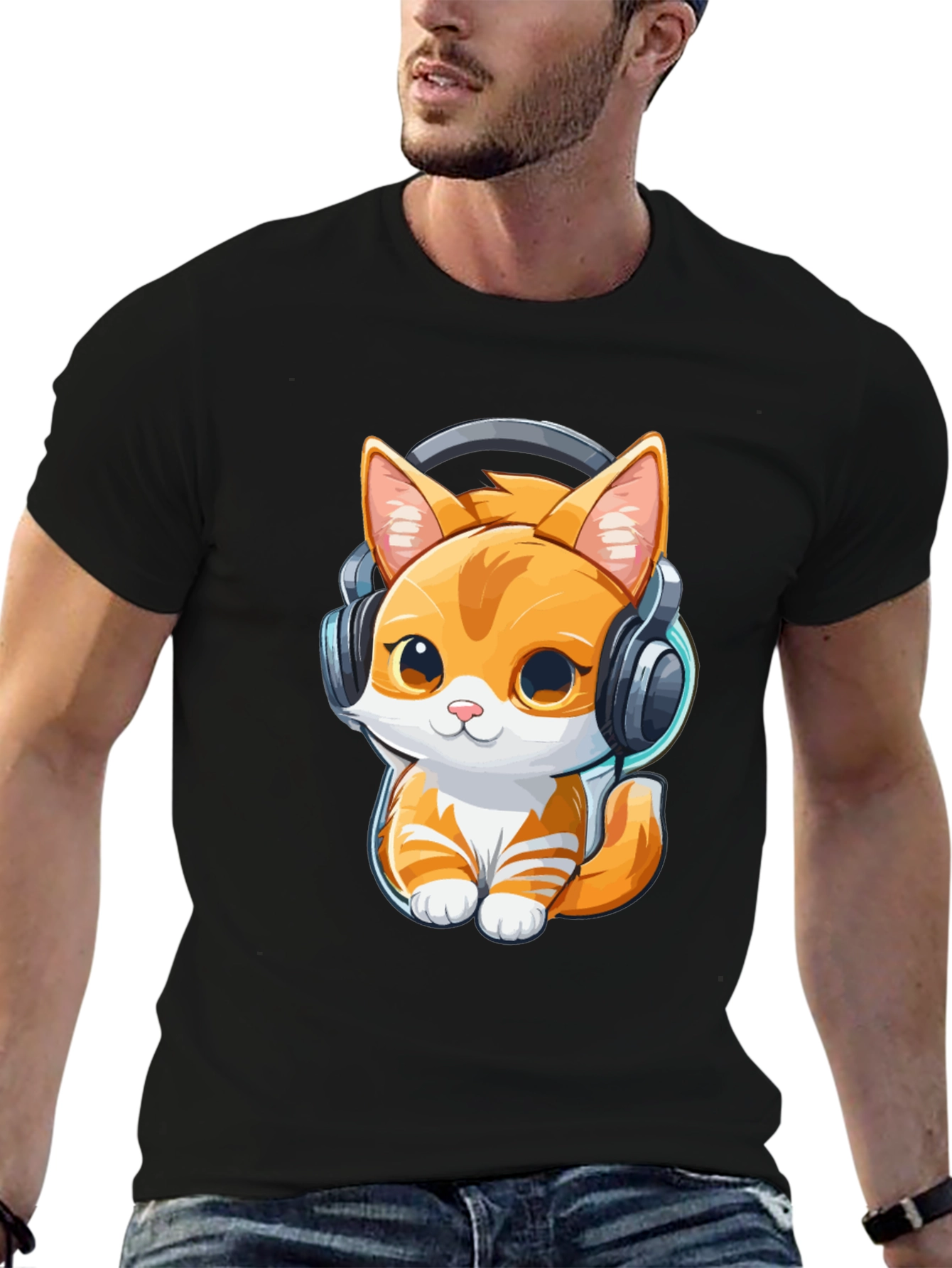 Cute Kitten with Headphones Graphic Tee