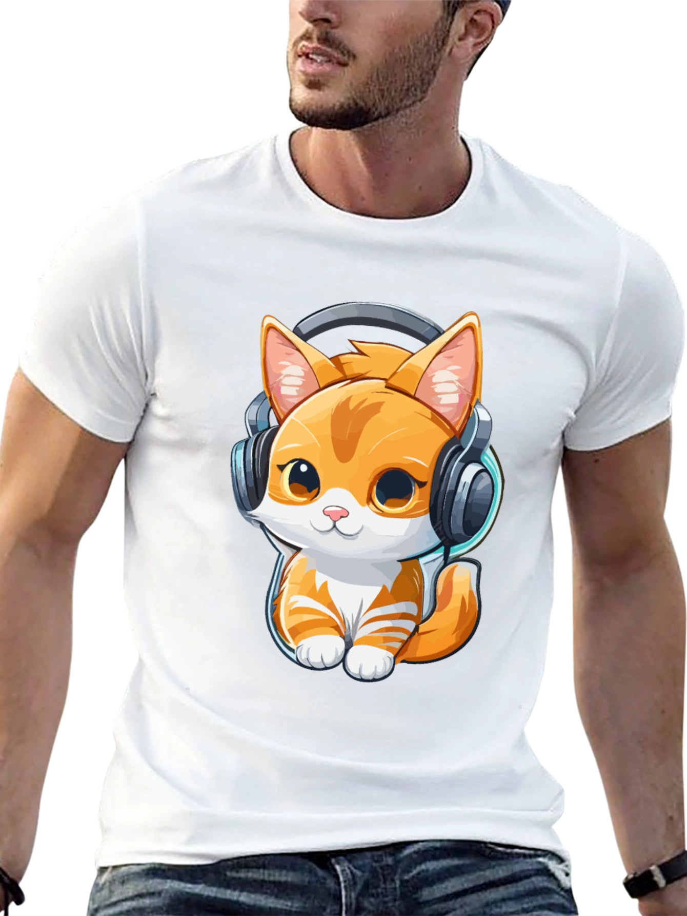 Cute Kitten with Headphones Graphic Tee