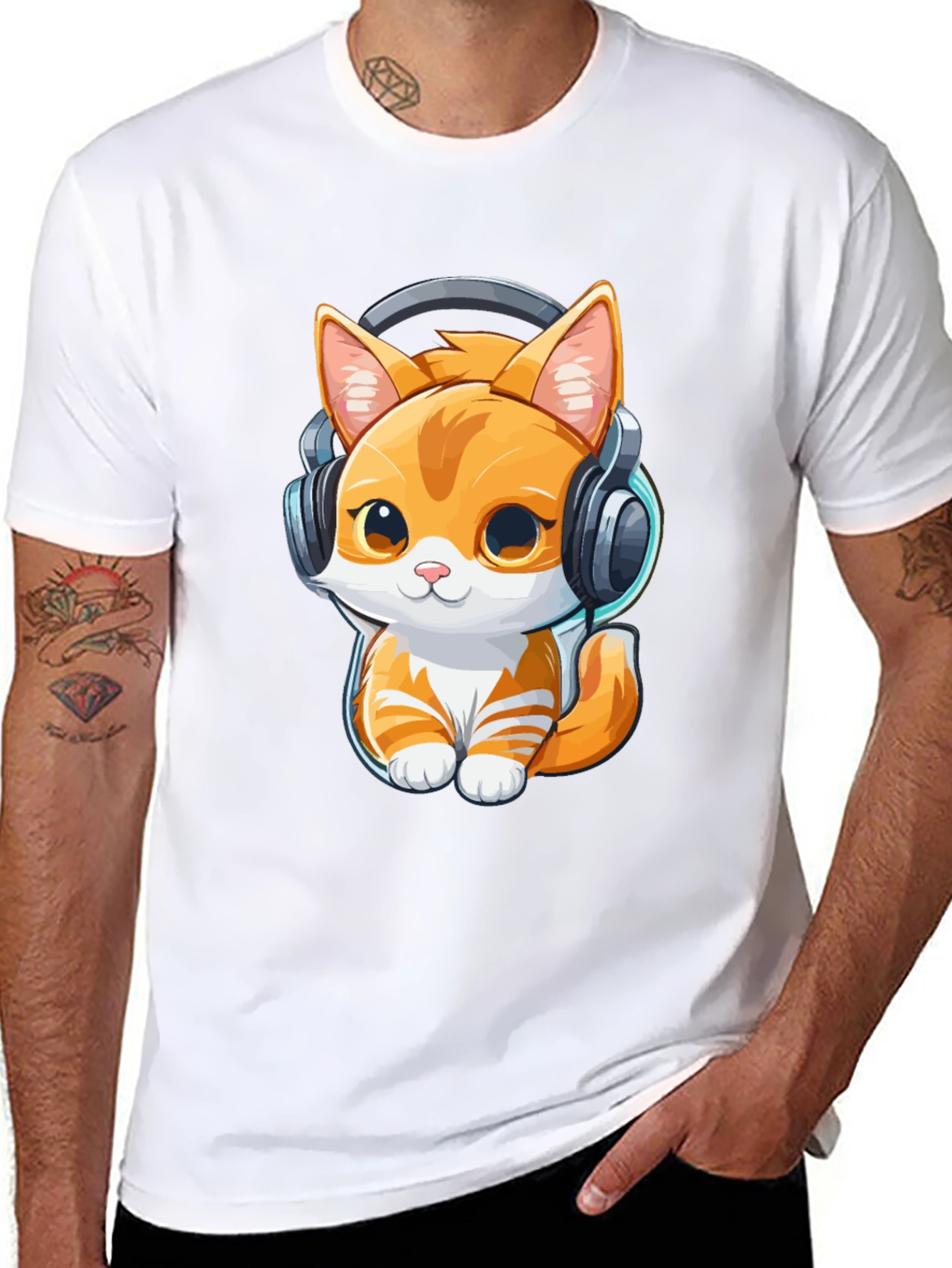 Cute Kitten with Headphones Graphic Tee