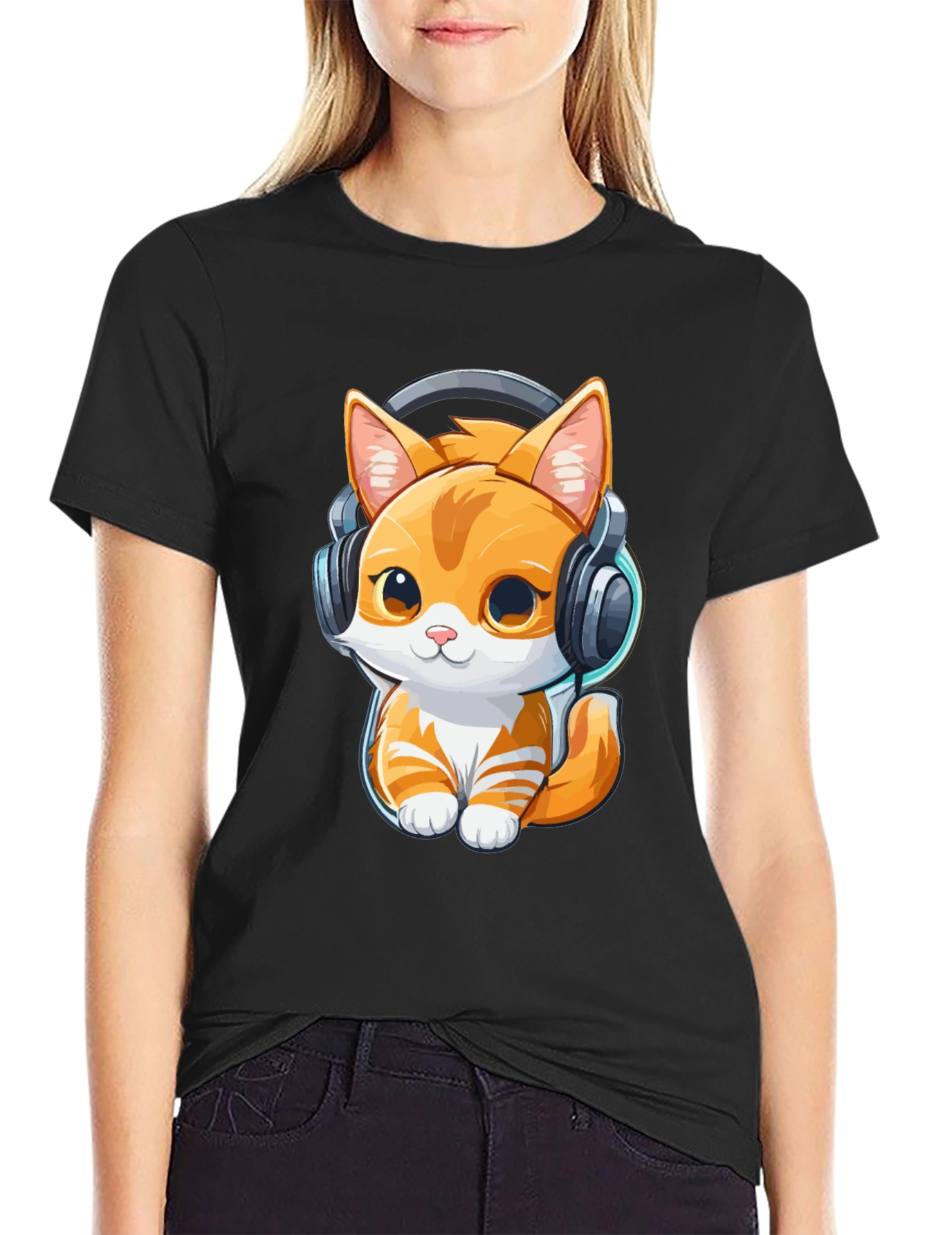 Cute Kitten with Headphones Graphic Tee