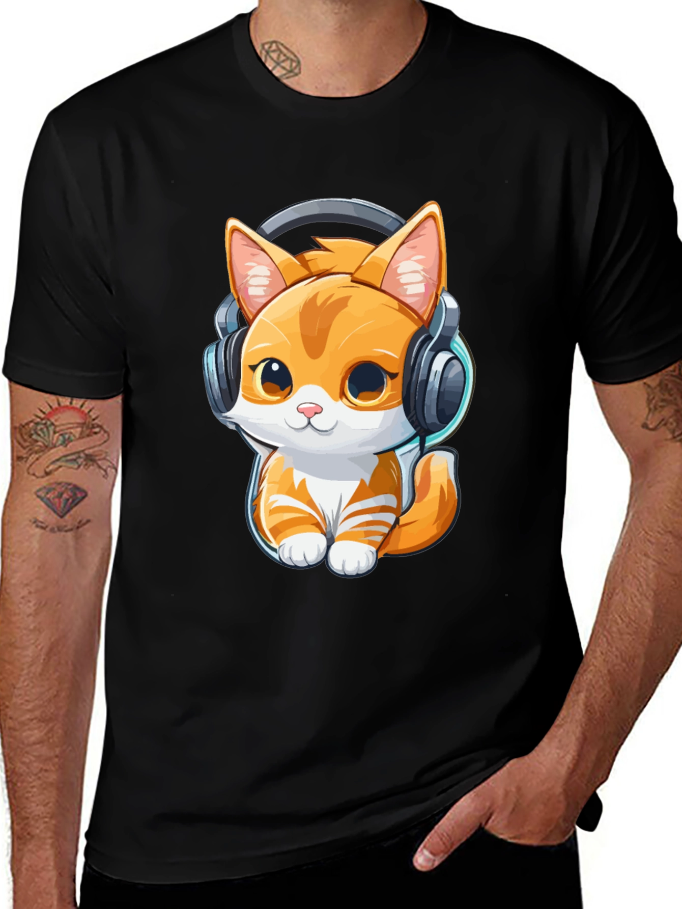 Cute Kitten with Headphones Graphic Tee