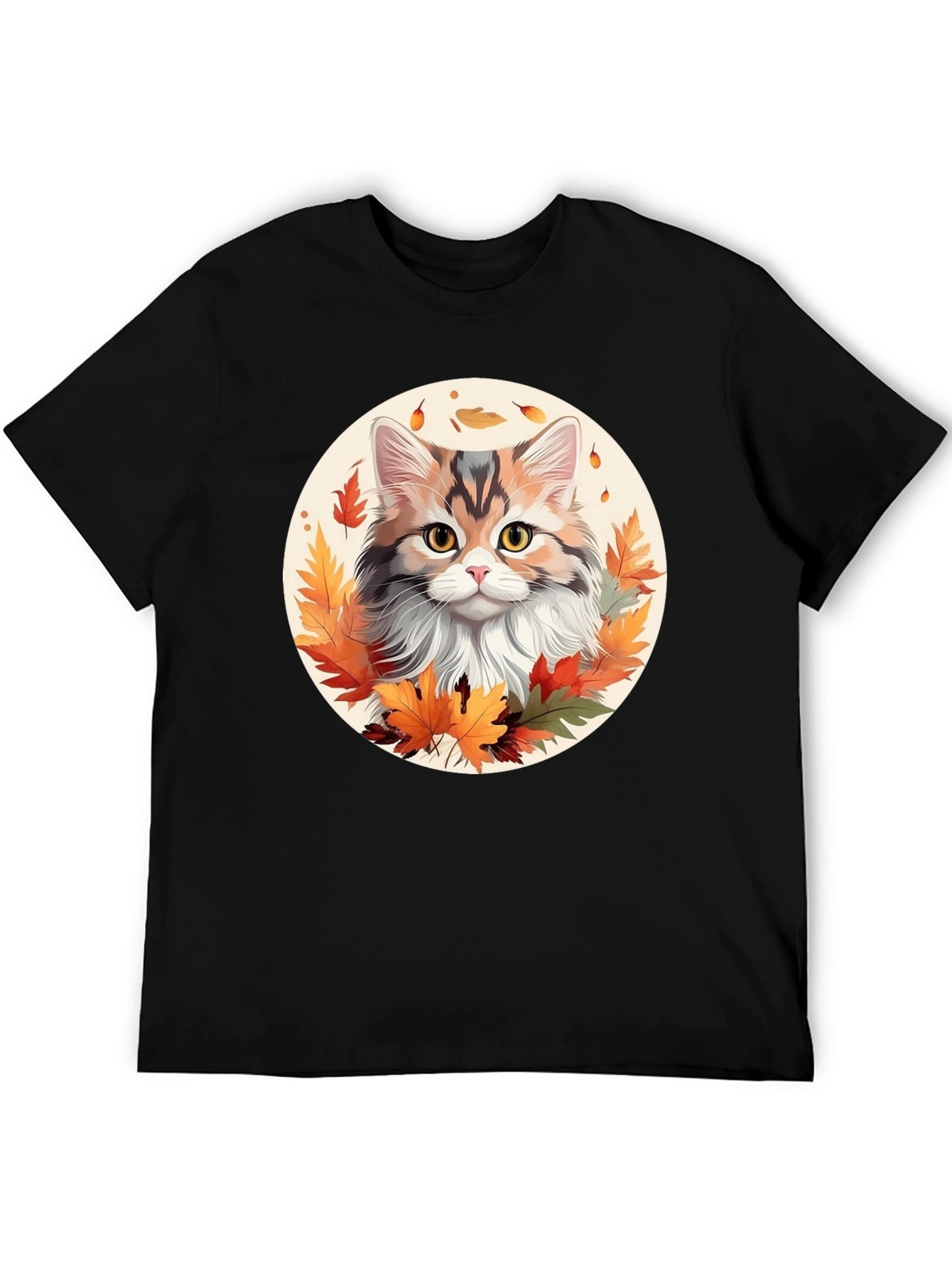 Autumn Cat T-Shirt - Fall Leaves Design