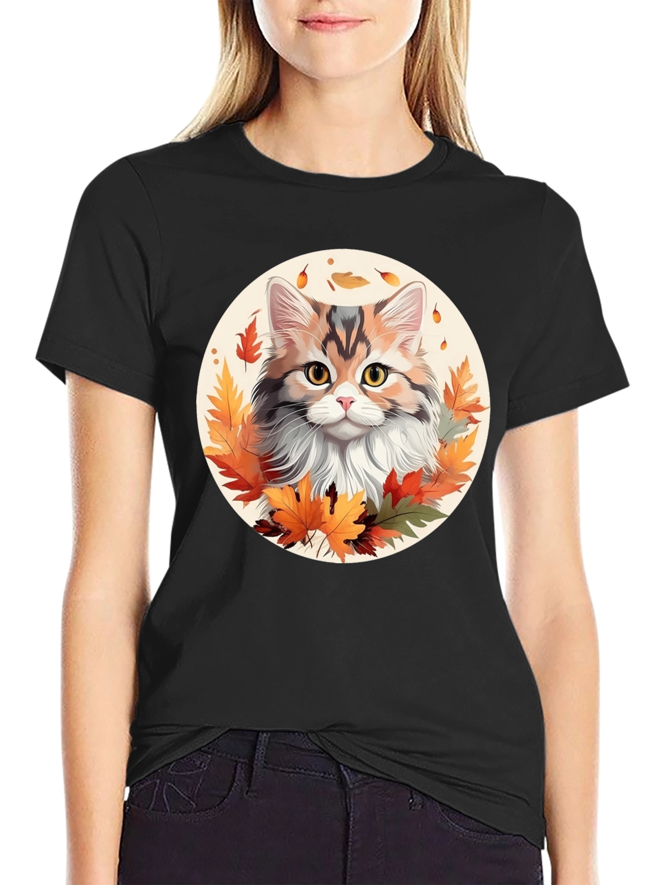 Autumn Cat T-Shirt - Fall Leaves Design