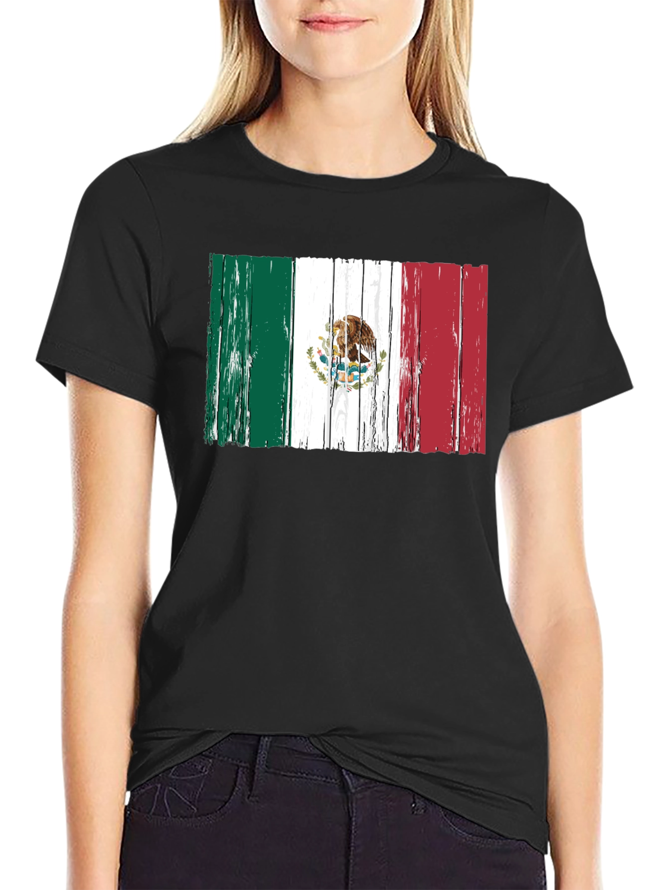 Mexican Flag Distressed Style Mens Black T-Shirt