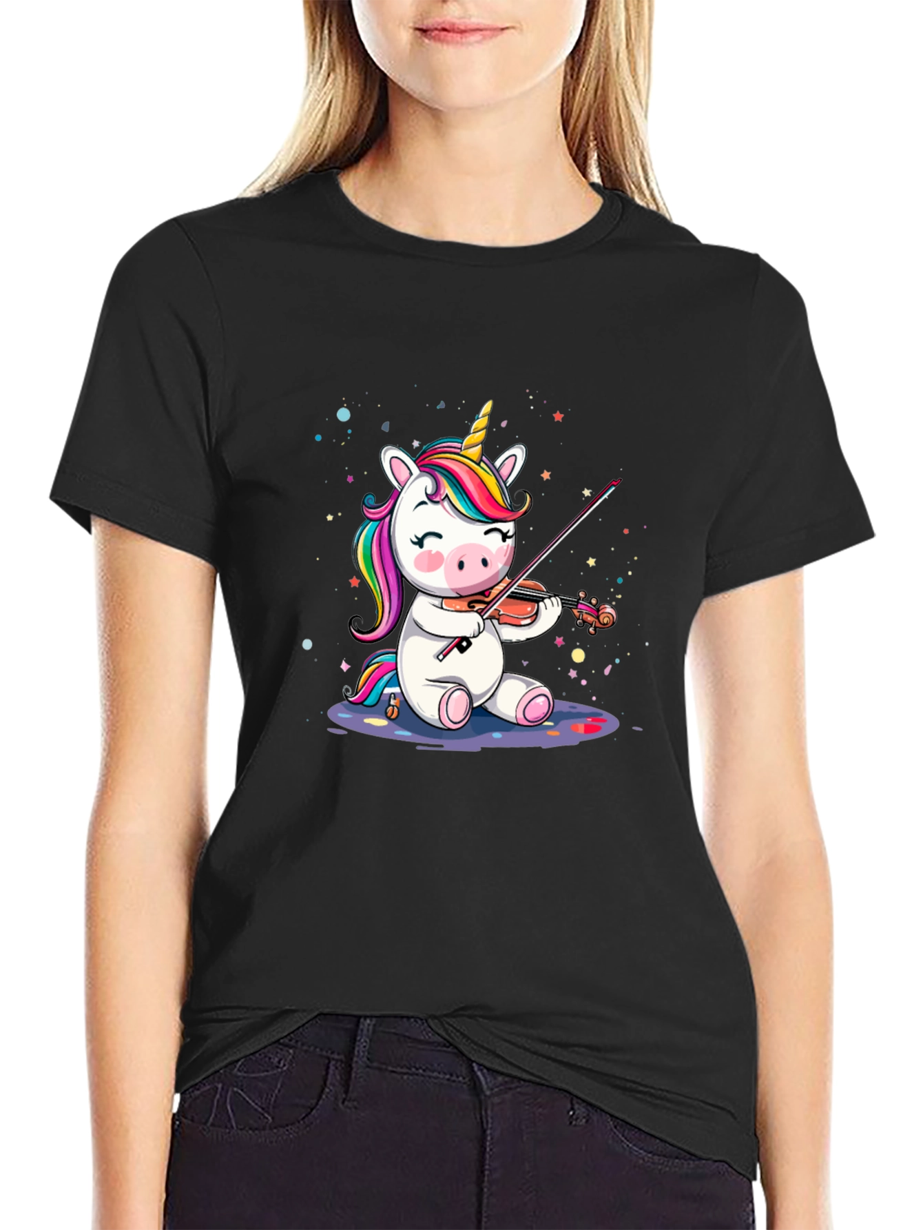 Unicorn Violinist Graphic T-Shirt - Black