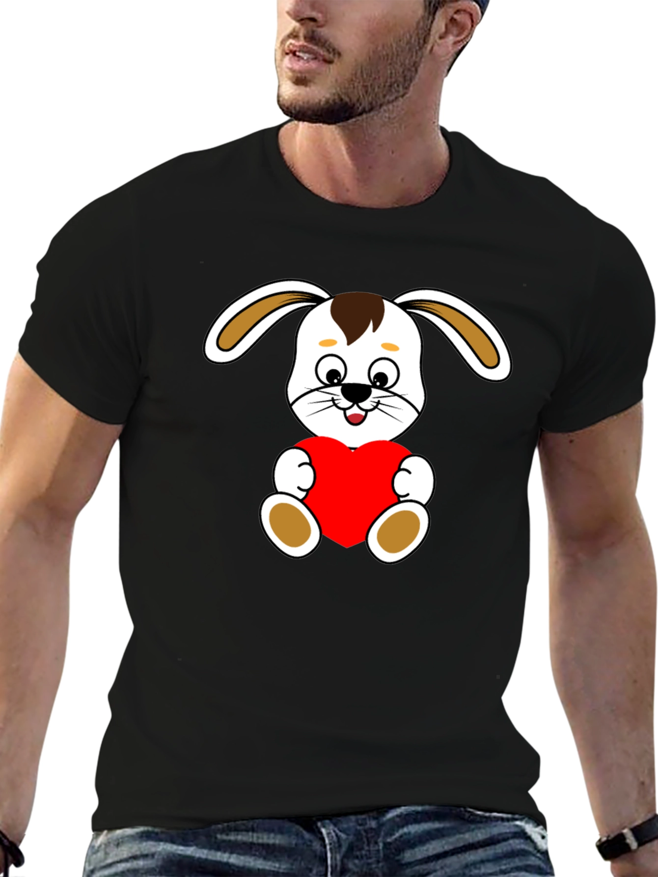 Cute Bunny Heart Graphic Tee - Soft Black Cotton