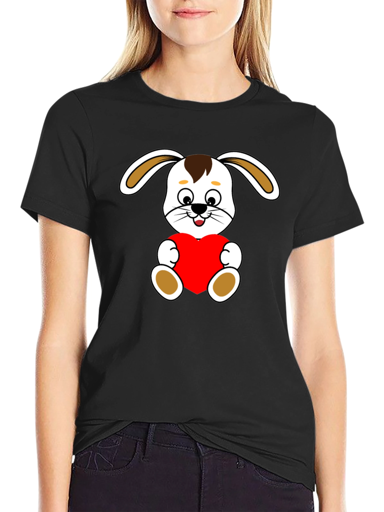 Cute Bunny Heart Graphic Tee - Soft Black Cotton