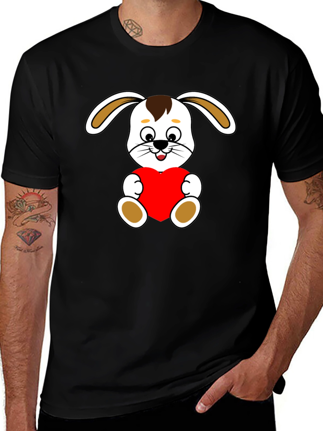 Cute Bunny Heart Graphic Tee - Soft Black Cotton