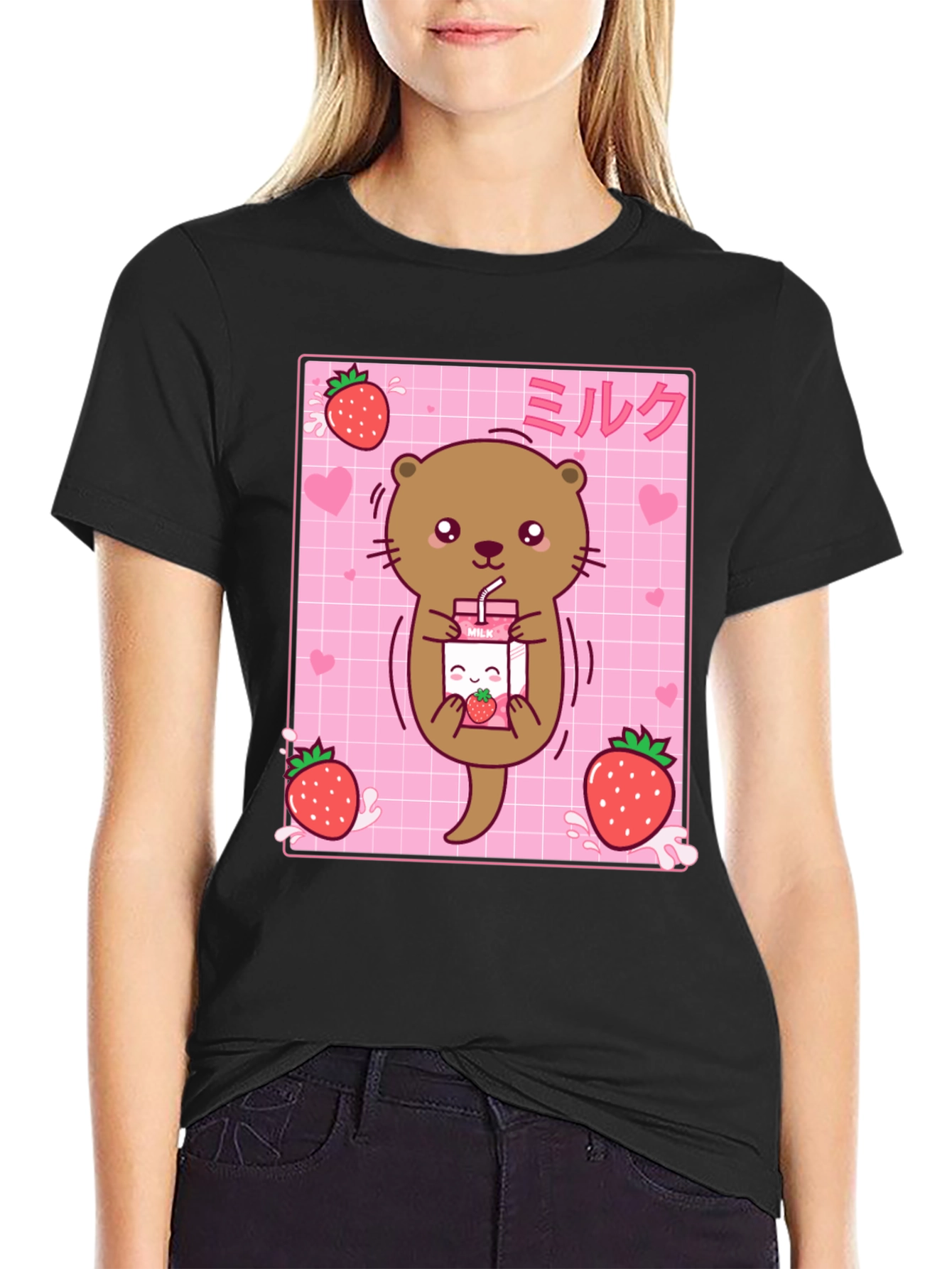 Kawaii Otter Strawberry Milk T-Shirt