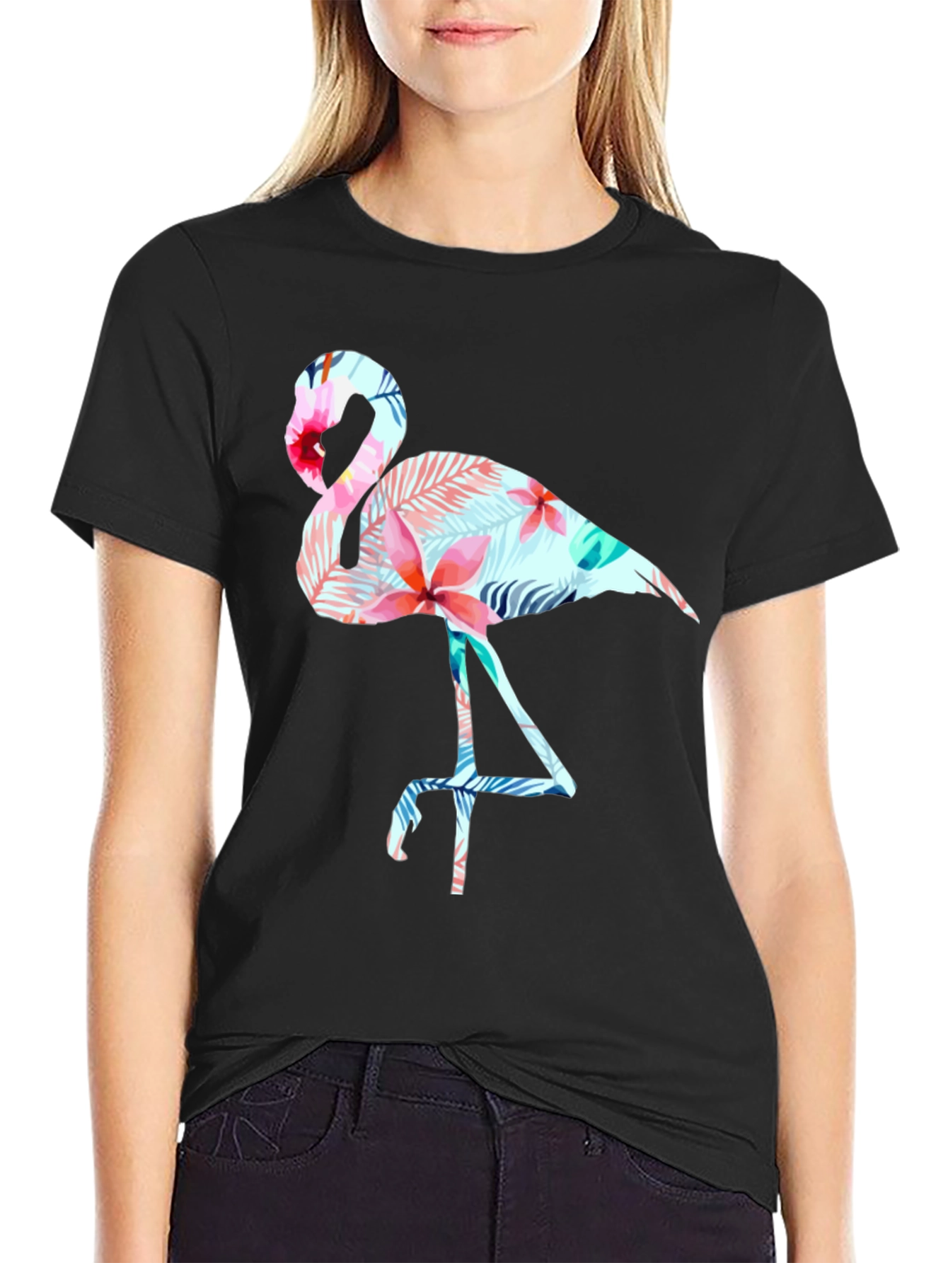 Tropical Flamingo Graphic Tee - Black