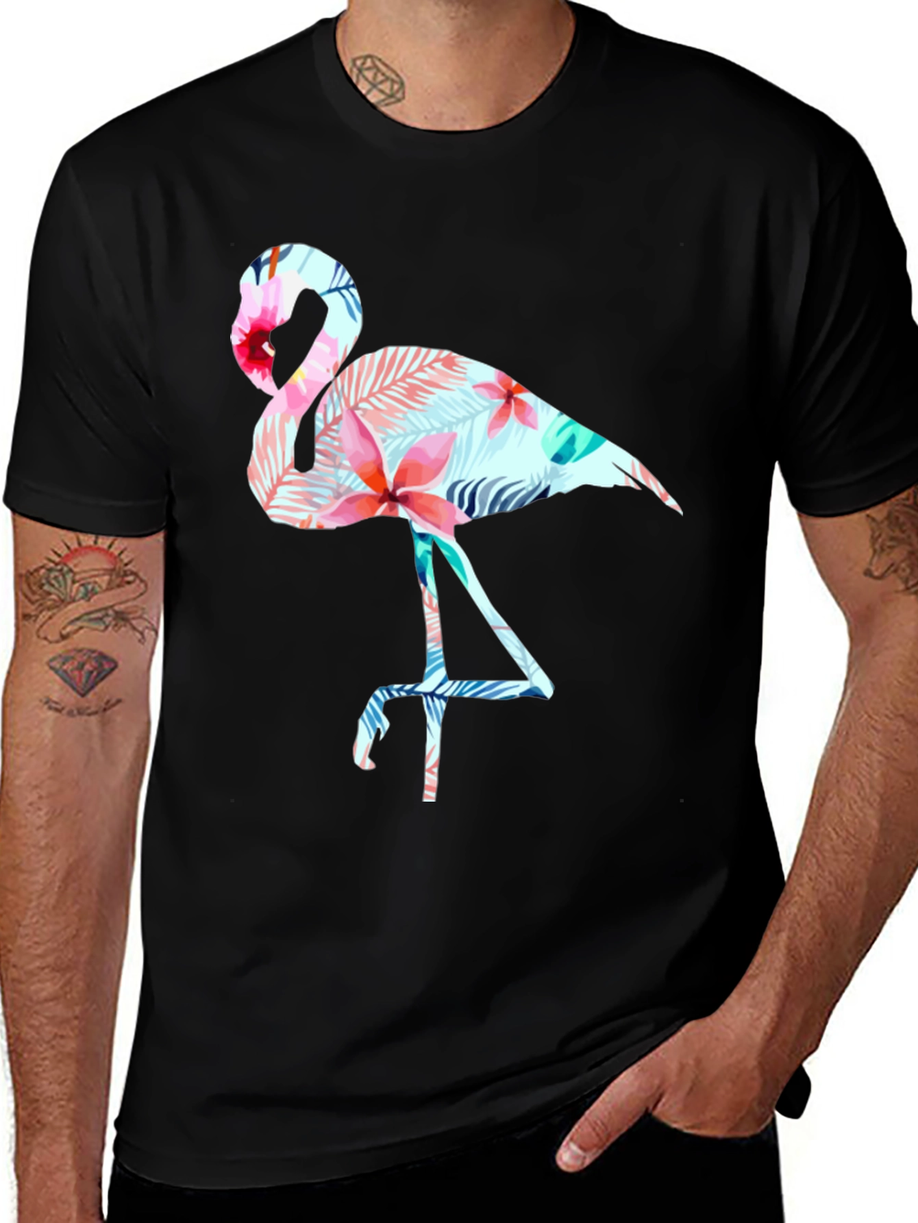 Tropical Flamingo Graphic Tee - Black