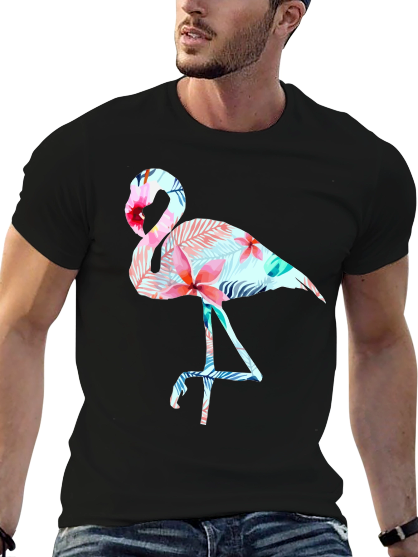 Tropical Flamingo Graphic Tee - Black