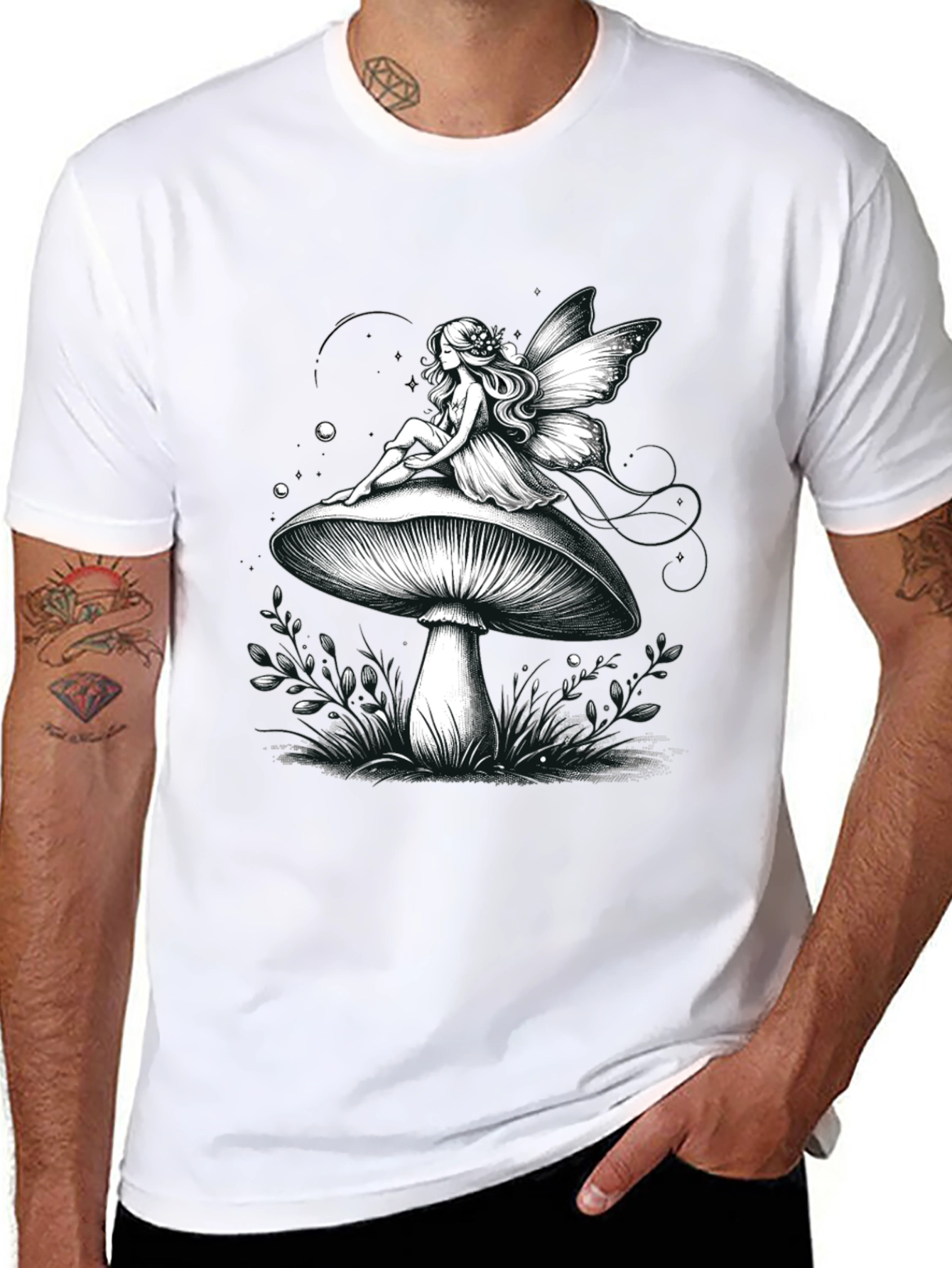 Fairy on Mushroom Graphic Tee - Whimsical Black T-Shirt
