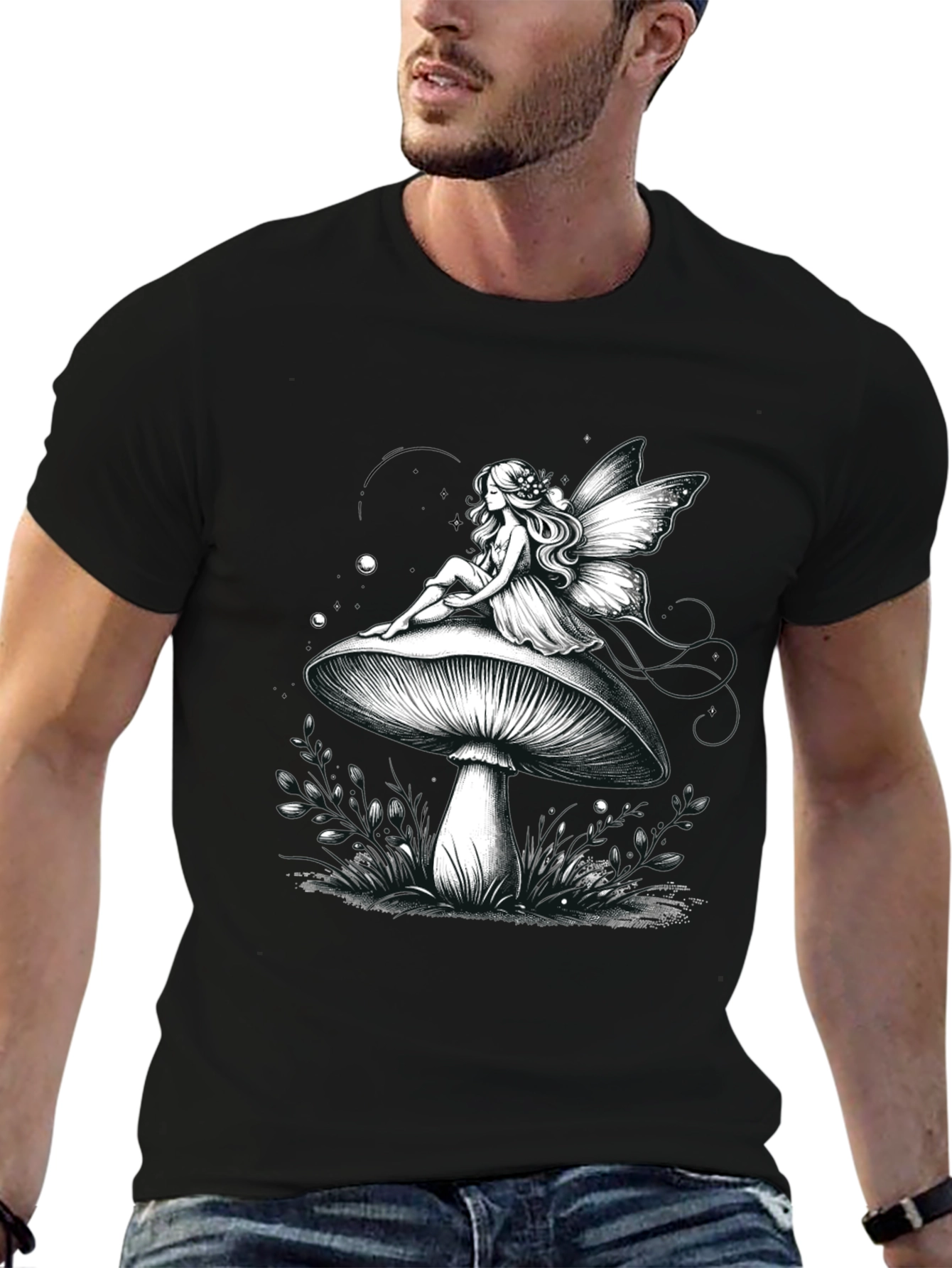 Fairy on Mushroom Graphic Tee - Whimsical Black T-Shirt