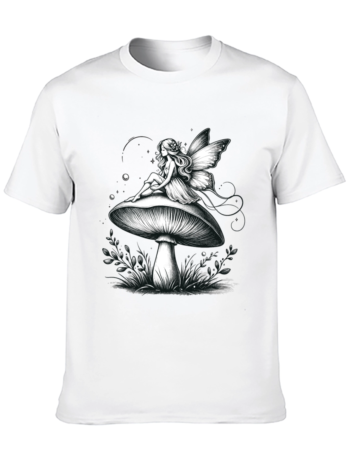 Fairy on Mushroom Graphic Tee - Whimsical Black T-Shirt