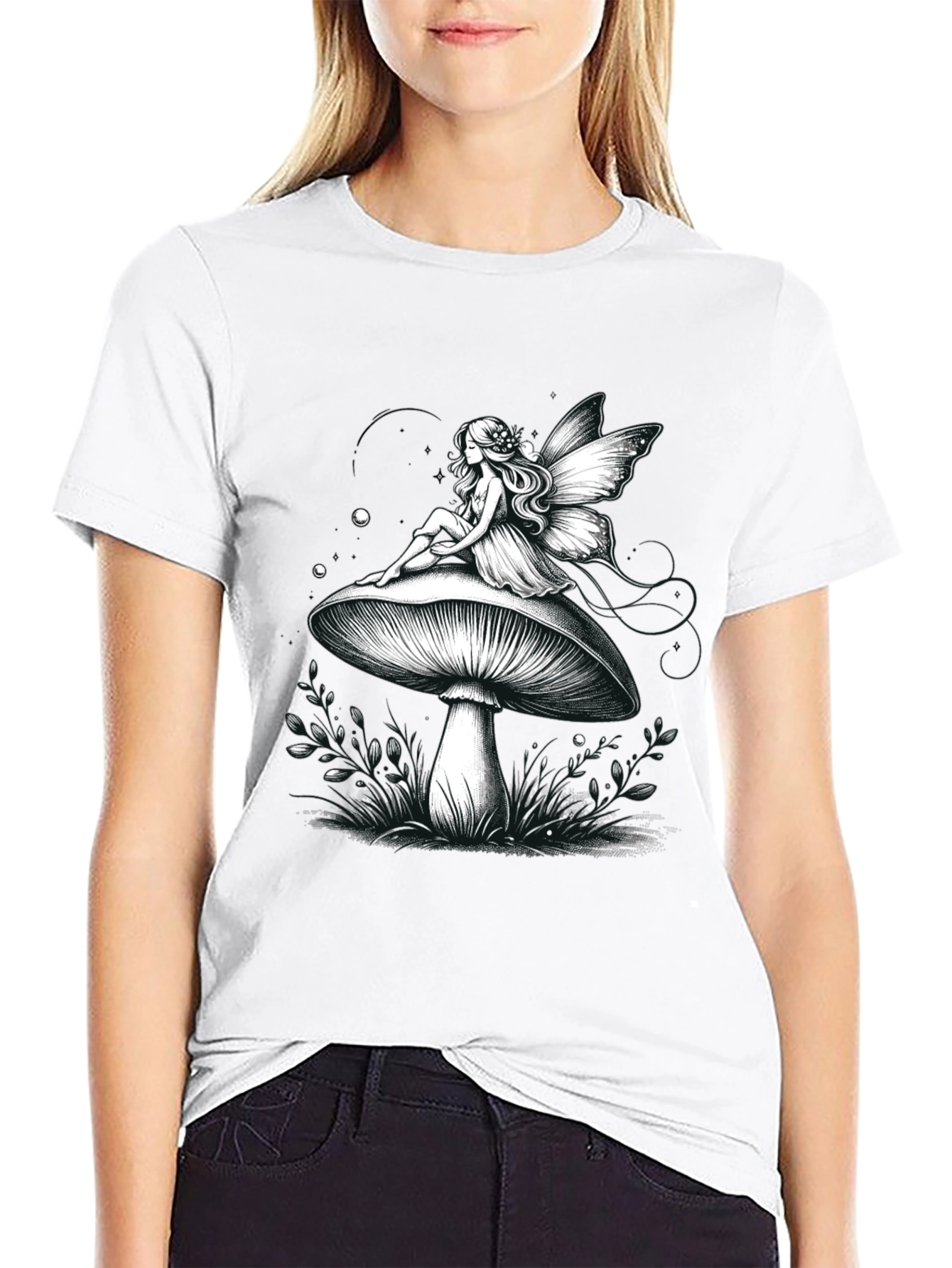 Fairy on Mushroom Graphic Tee - Whimsical Black T-Shirt
