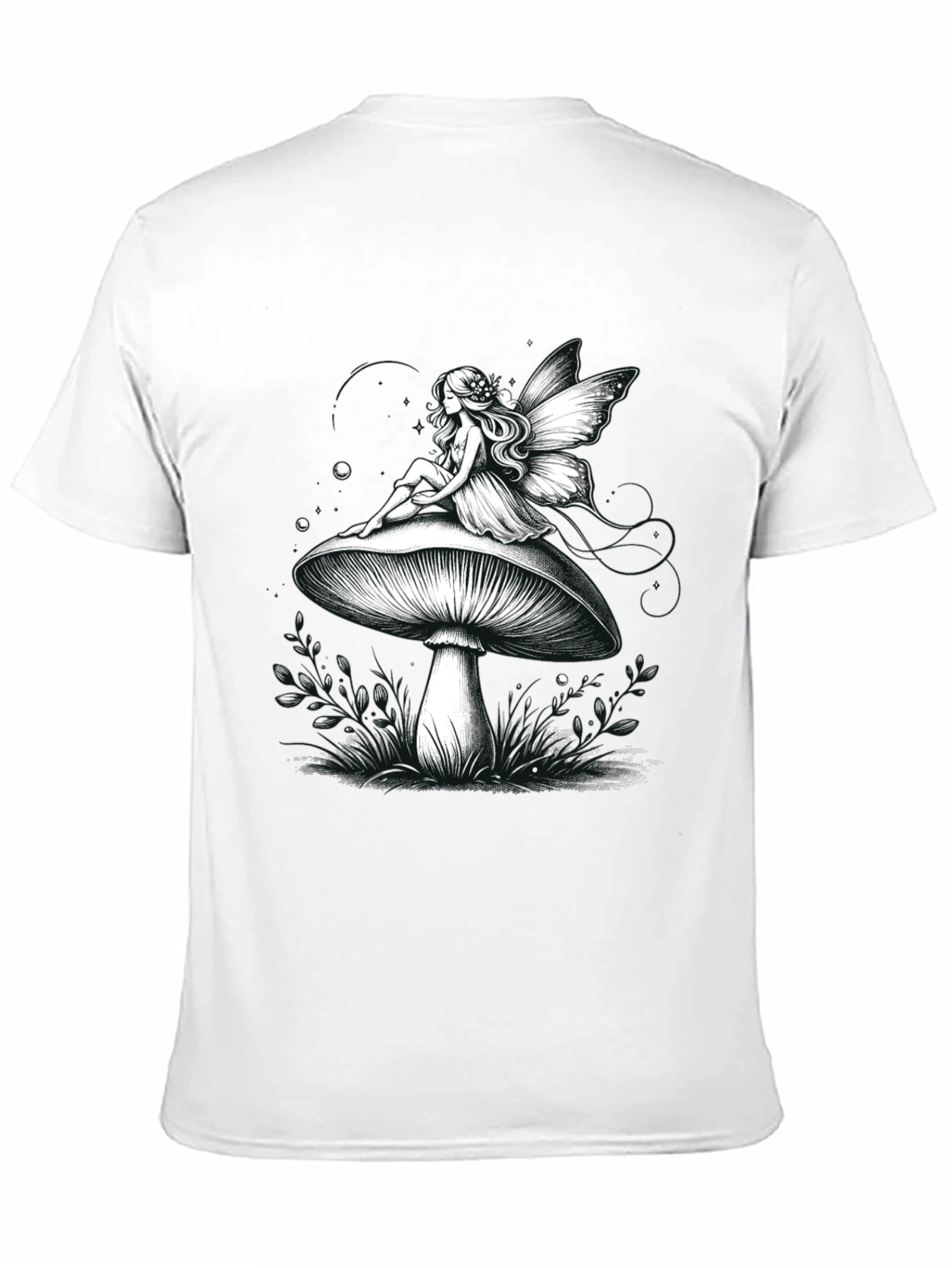 Fairy on Mushroom Graphic Tee - Whimsical Black T-Shirt
