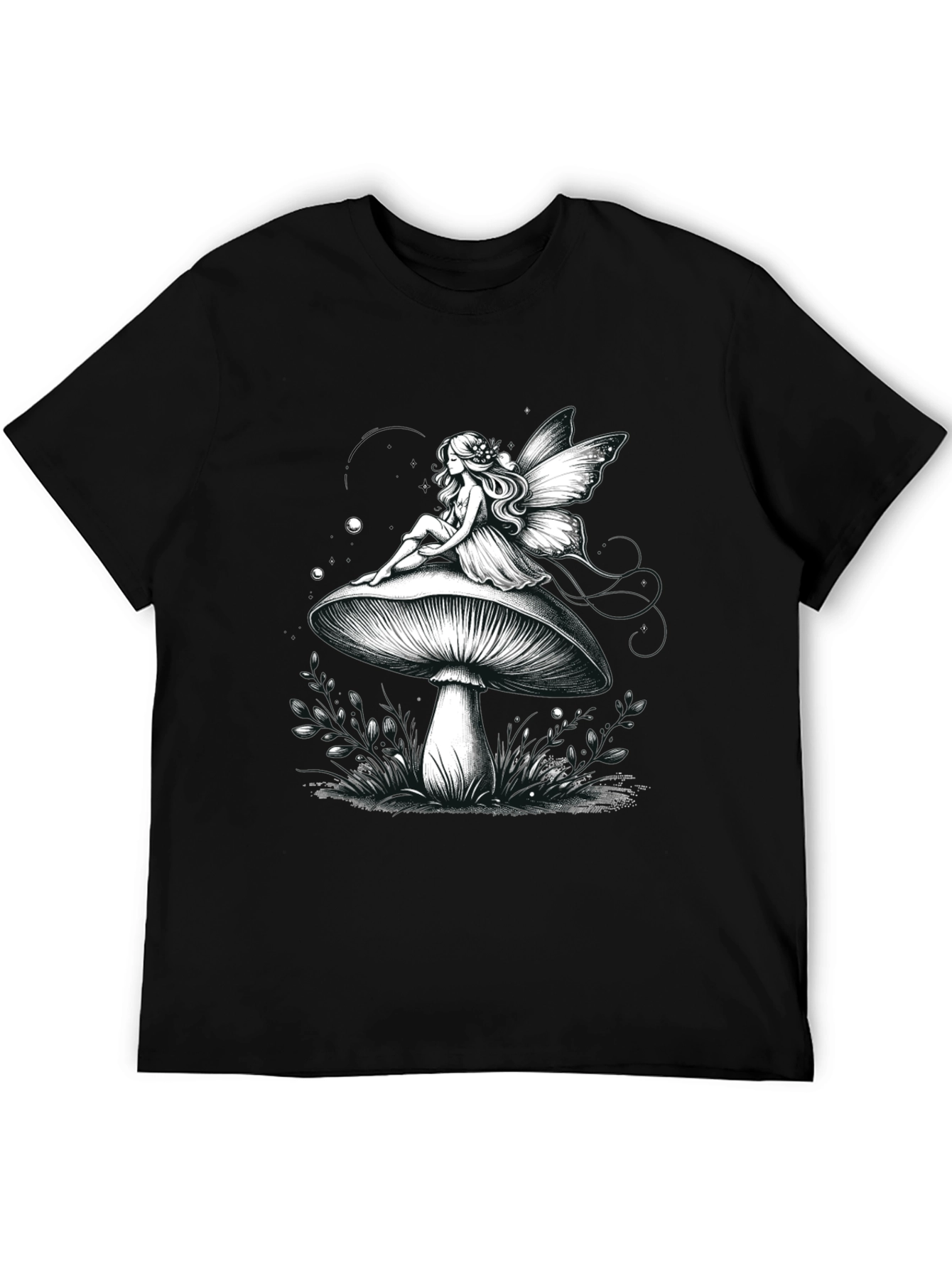 Fairy on Mushroom Graphic Tee - Whimsical Black T-Shirt