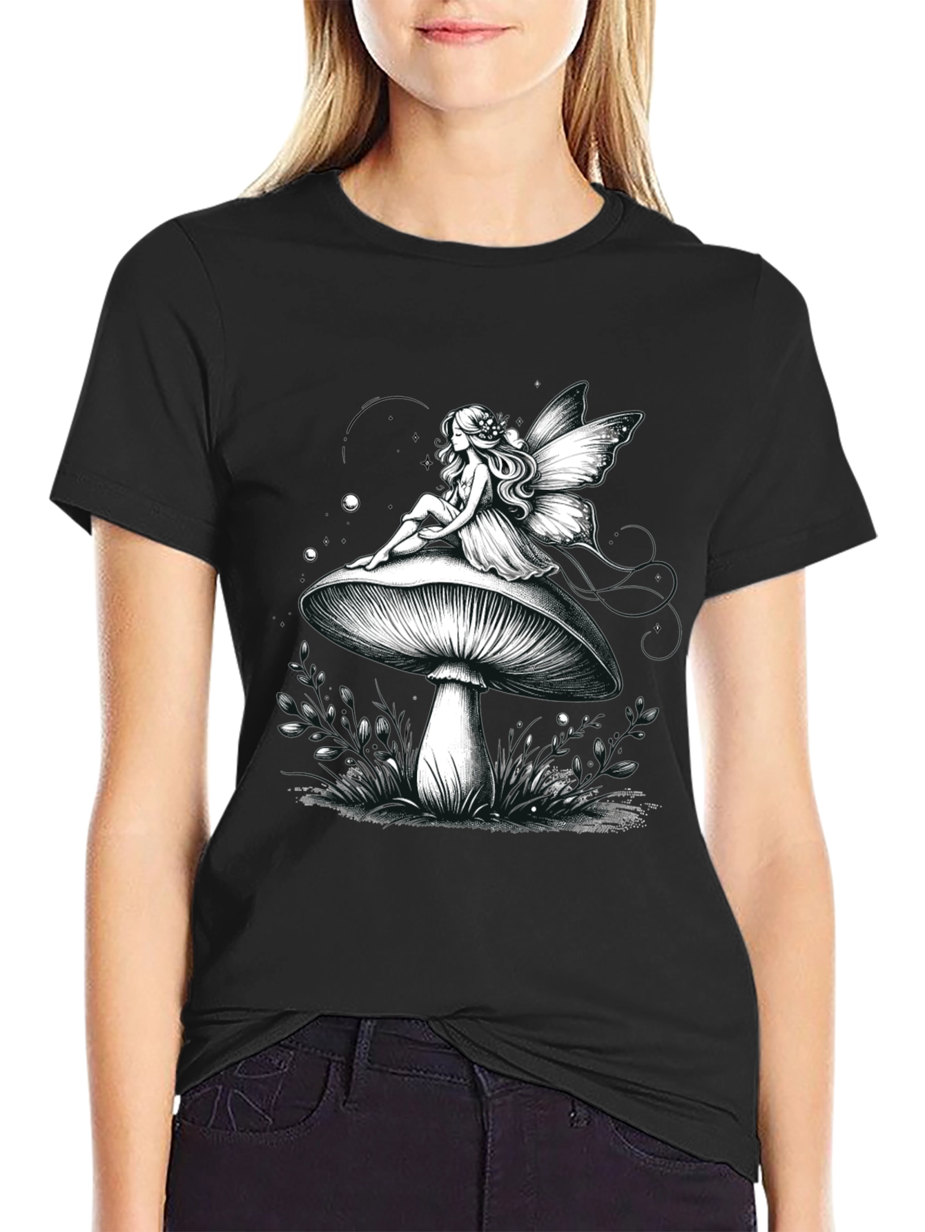 Fairy on Mushroom Graphic Tee - Whimsical Black T-Shirt