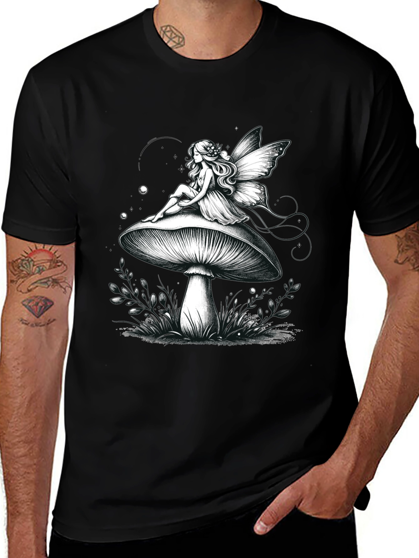 Fairy on Mushroom Graphic Tee - Whimsical Black T-Shirt
