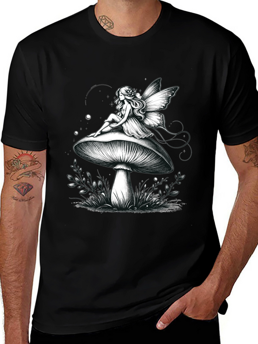 Fairy on Mushroom Graphic Tee - Whimsical Black T-Shirt