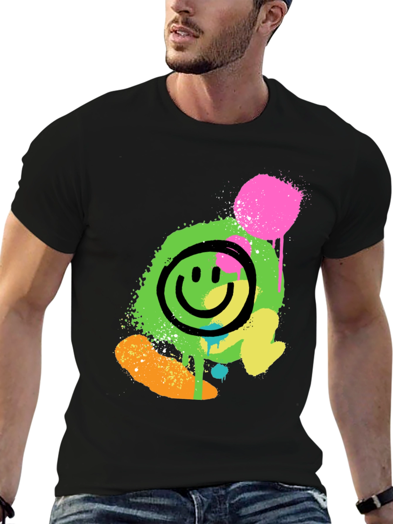 Neon Smiley Graphic Print Black T-Shirt