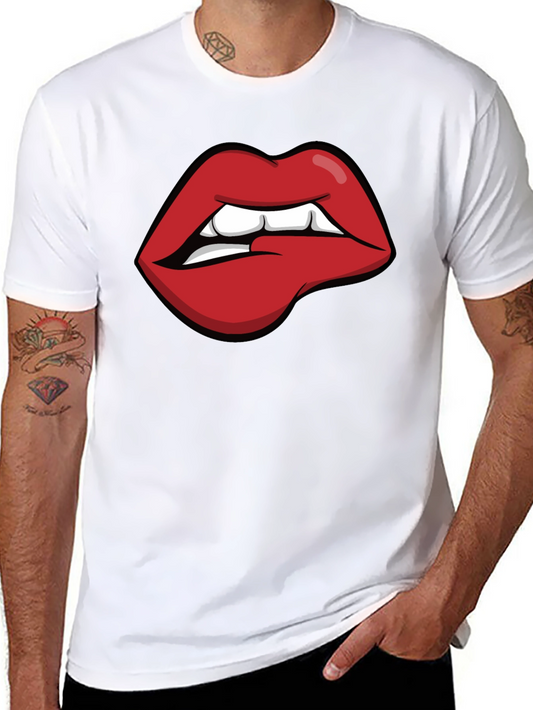 Biting Lips Graphic Tee - Black Cotton Casual Shirt