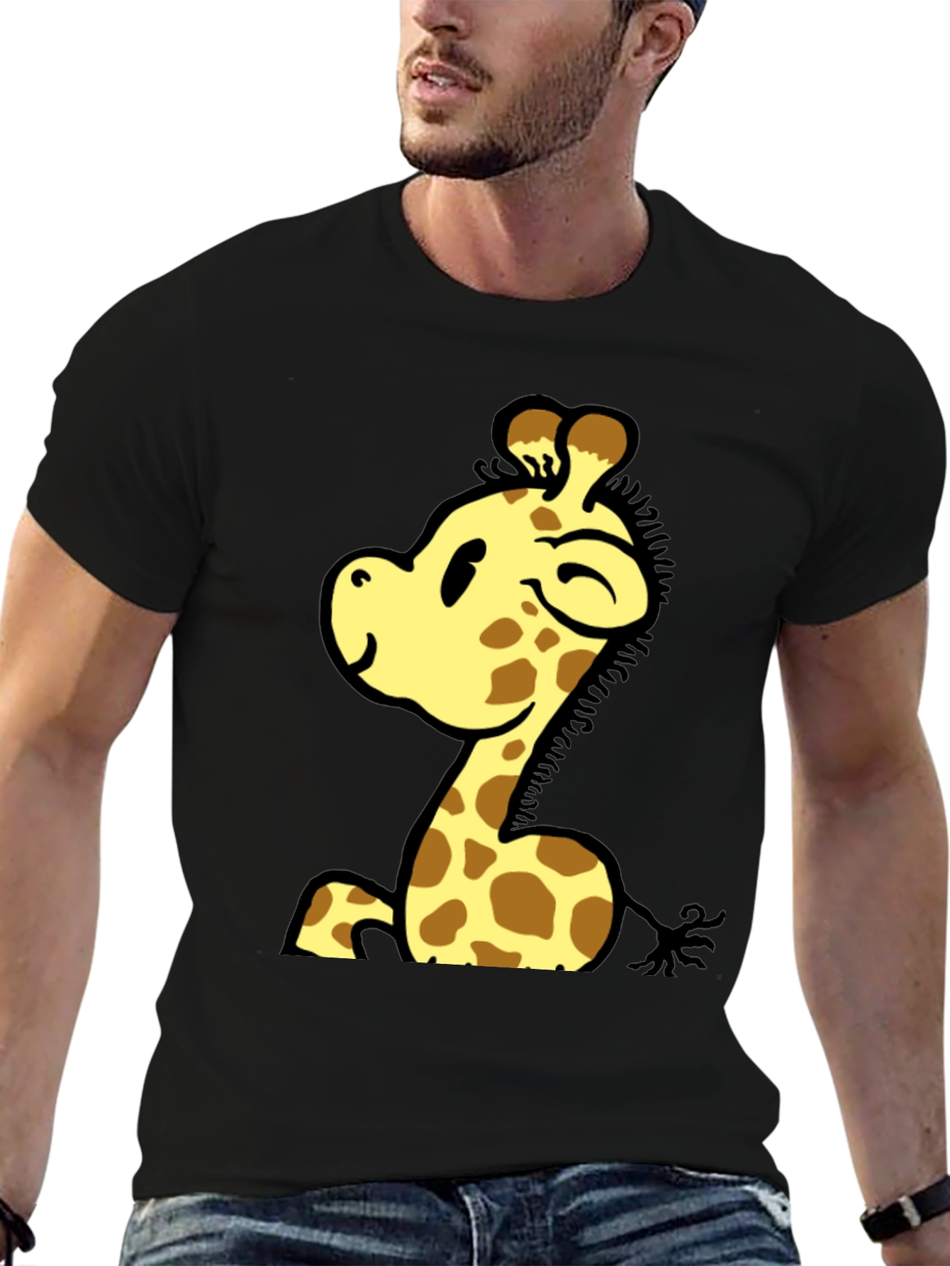 Cute Giraffe Cartoon Graphic Black T-Shirt