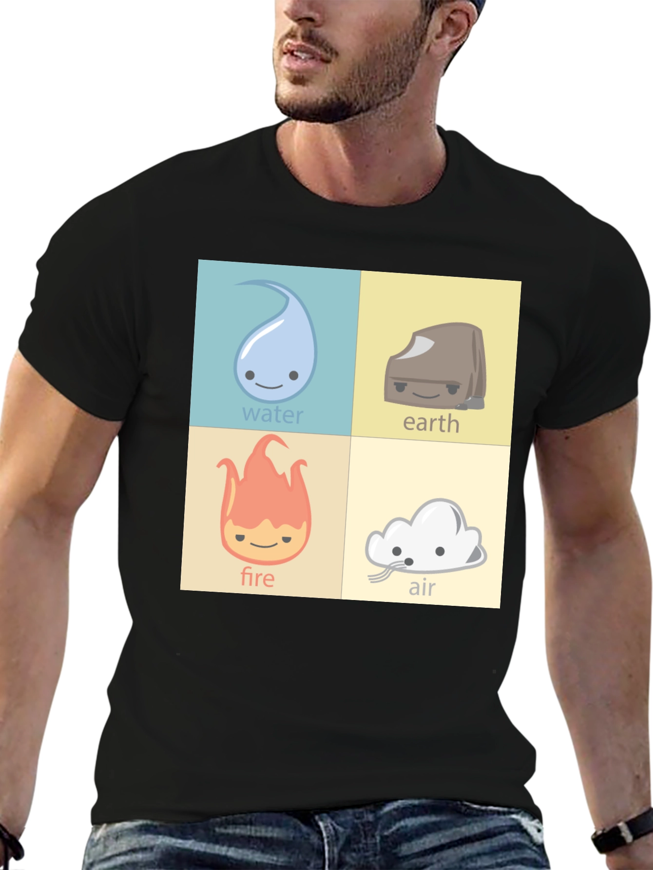 Four Elements T-Shirt: Water Earth Fire Air Cartoon Style