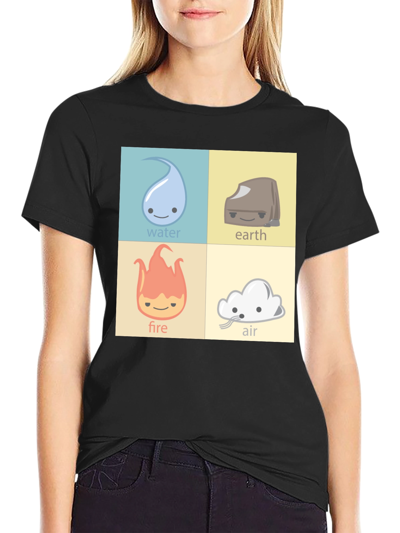 Four Elements T-Shirt: Water Earth Fire Air Cartoon Style