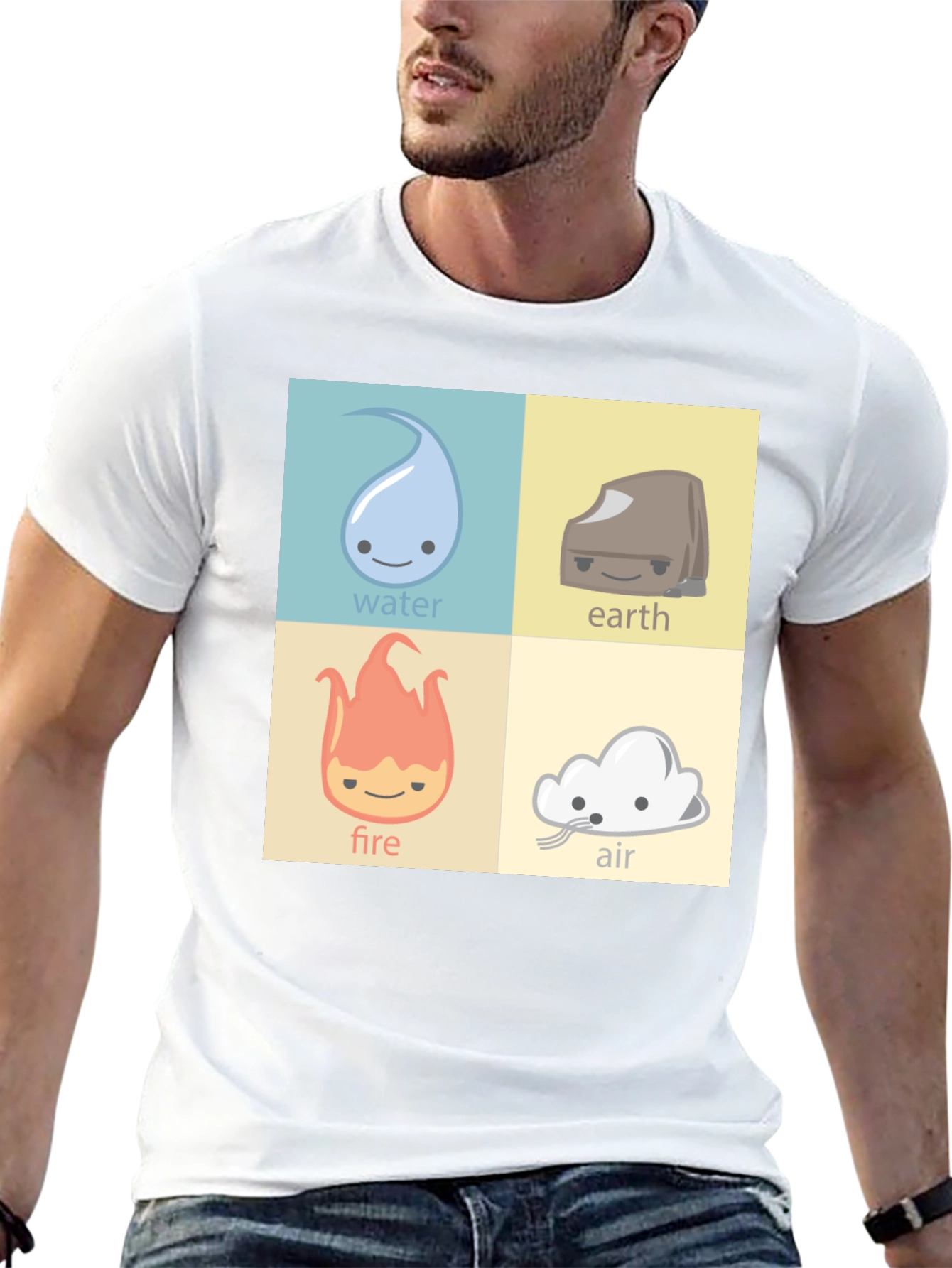 Four Elements T-Shirt: Water Earth Fire Air Cartoon Style