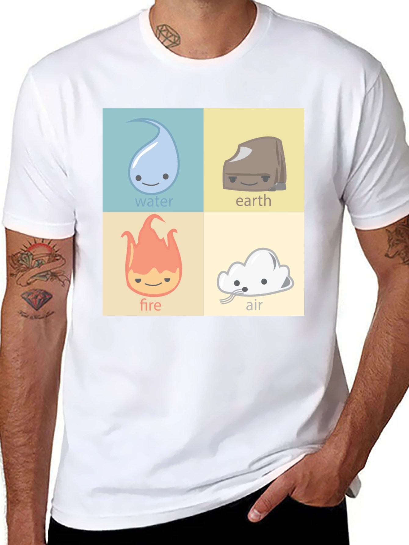 Four Elements T-Shirt: Water Earth Fire Air Cartoon Style