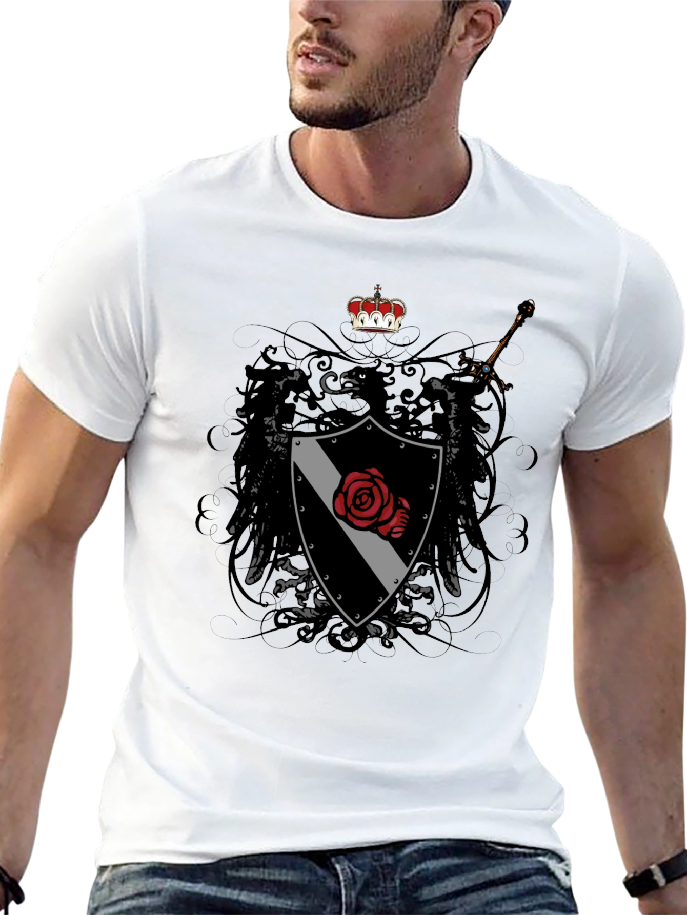 Emblem Shield Rose Sword Graphic T-Shirt - Mens