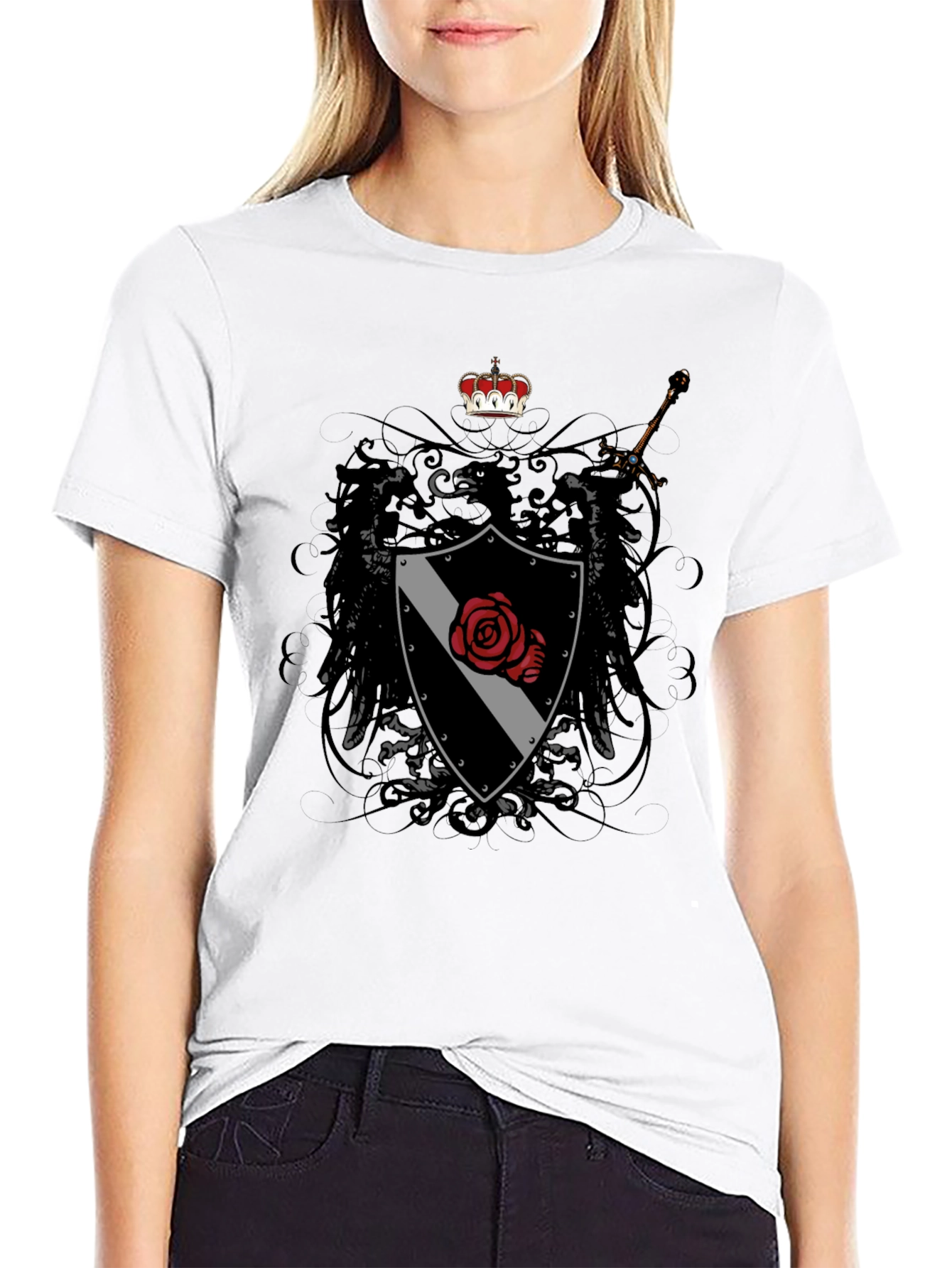 Emblem Shield Rose Sword Graphic T-Shirt - Mens
